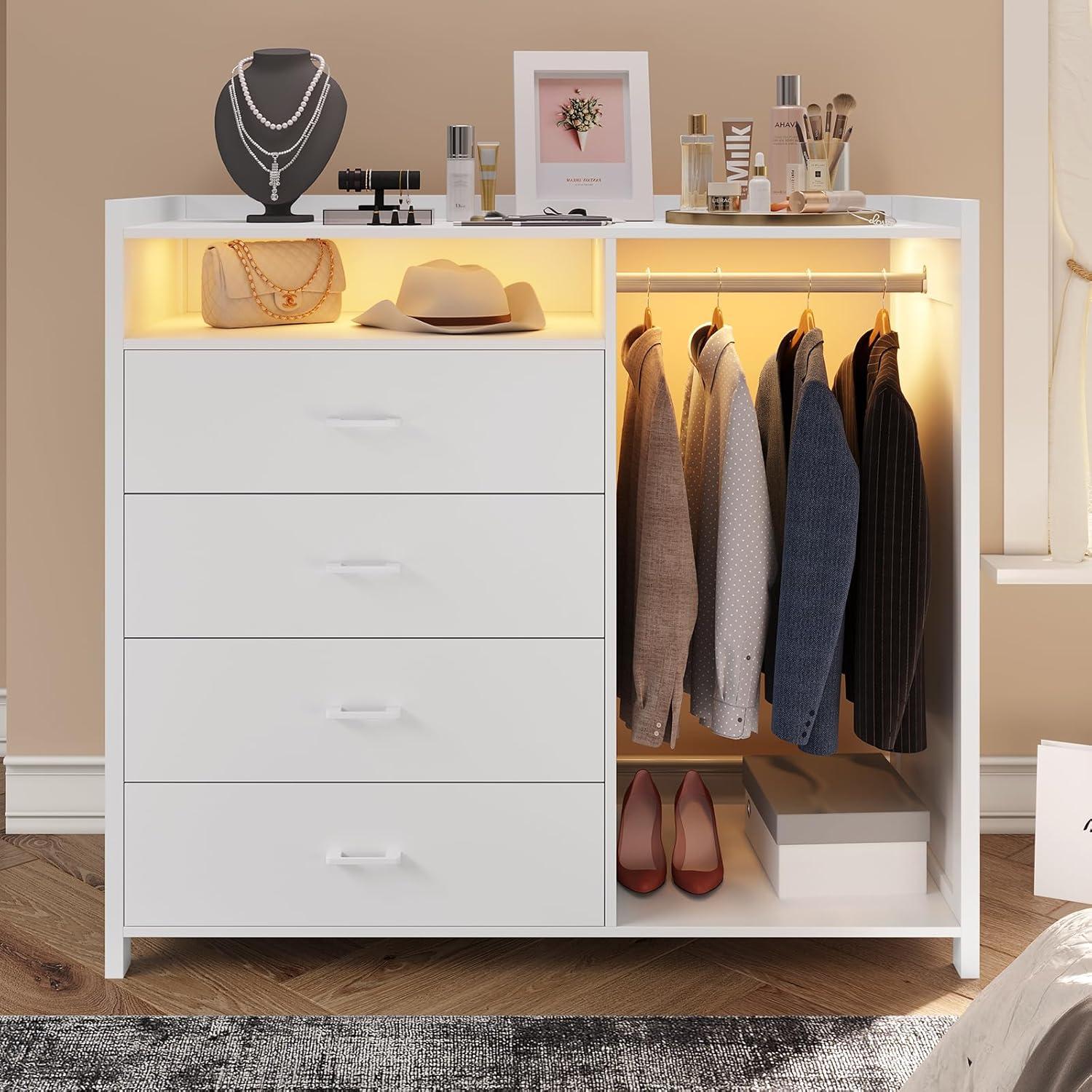4 Drawer Dresser with Clothing Rack and LED Lights, Modern LED Dresser for Bedroom, Black