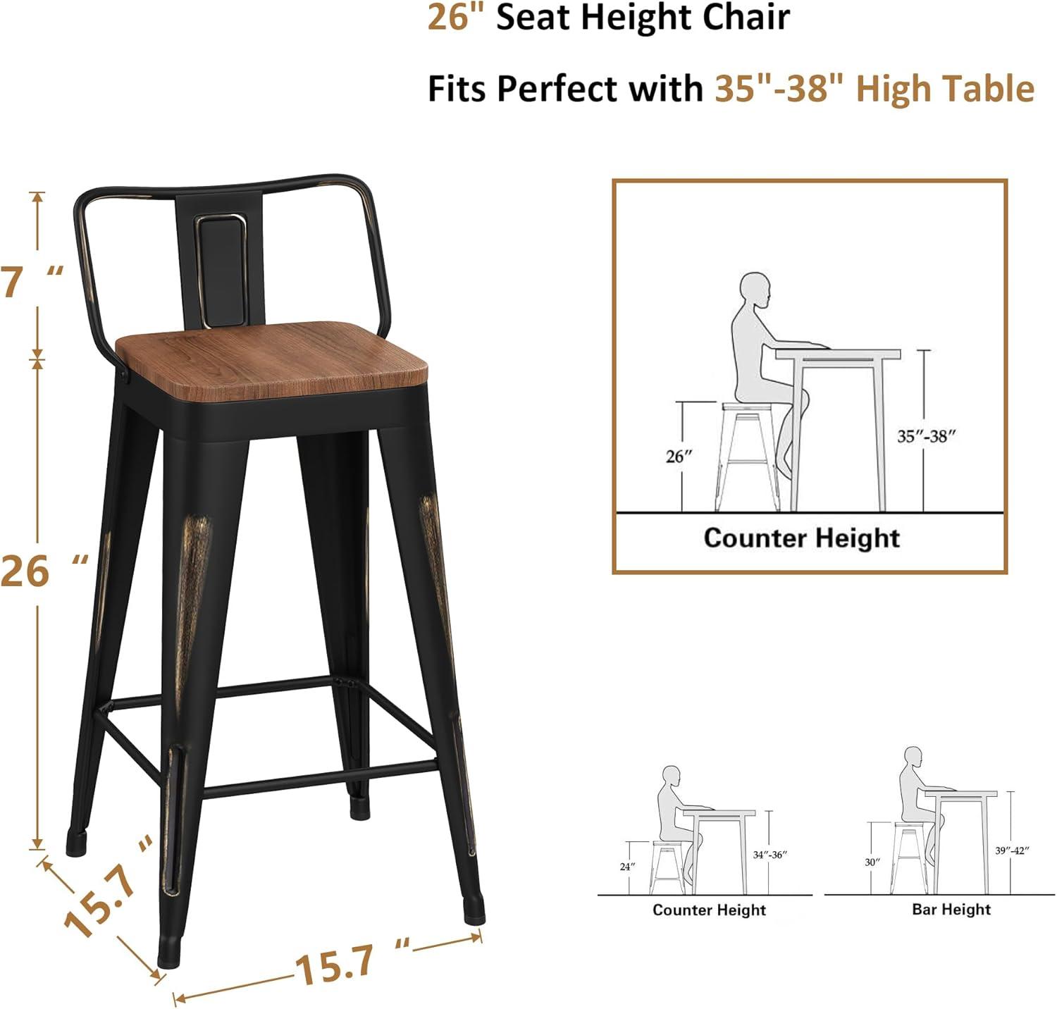 Bar Stools Set of 4 Metal Bar Stool Counter Height Bar Stools 26" Black Modern Bar Chairs with Back and Wooden Seat Bar Stools Counter Height