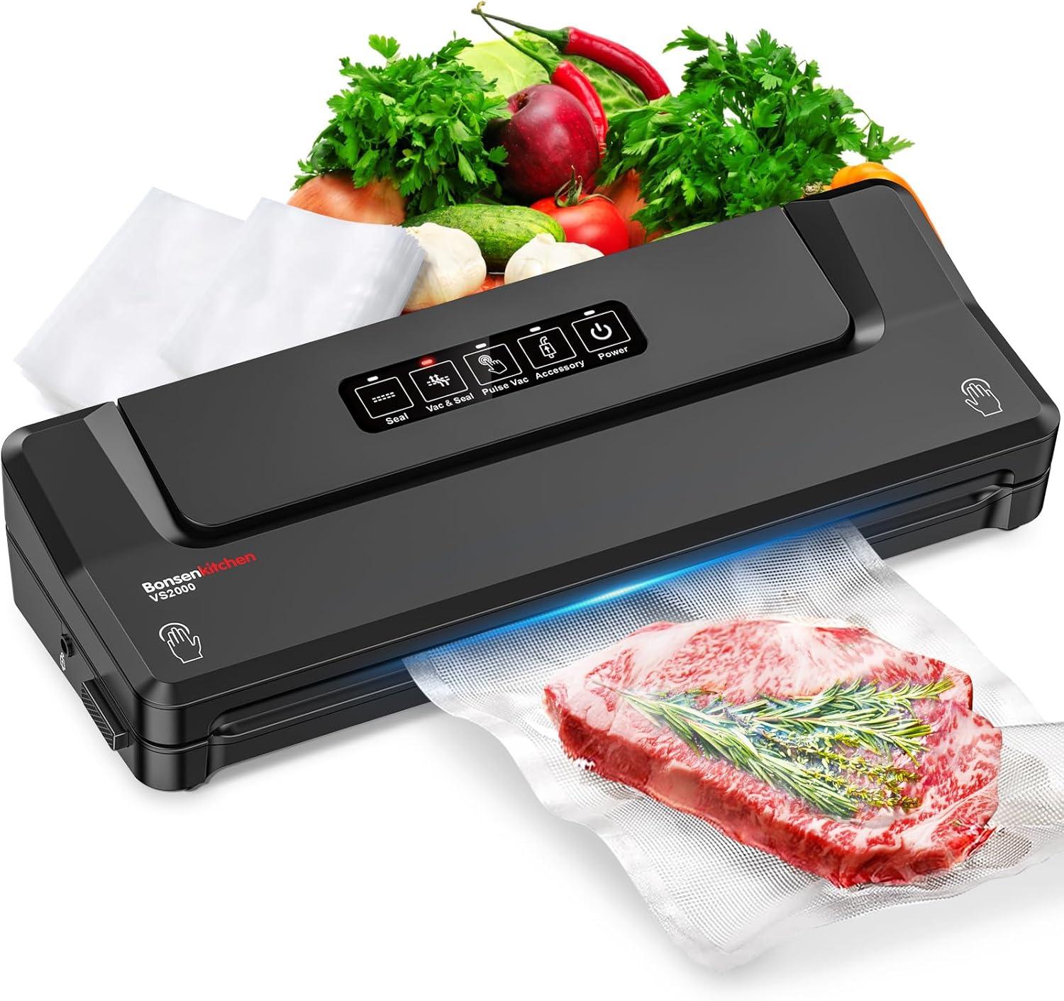 Bonsenkitchen Multi-Functional Food Vacuum Sealer with Globefish Technology for High-Speed Continuous Working, Vacuum Bags & Accessory Hose, Black
