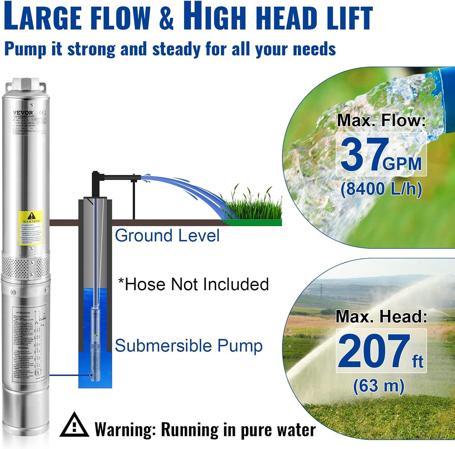 Deep Well Submersible Pump, 1HP 115V/60Hz