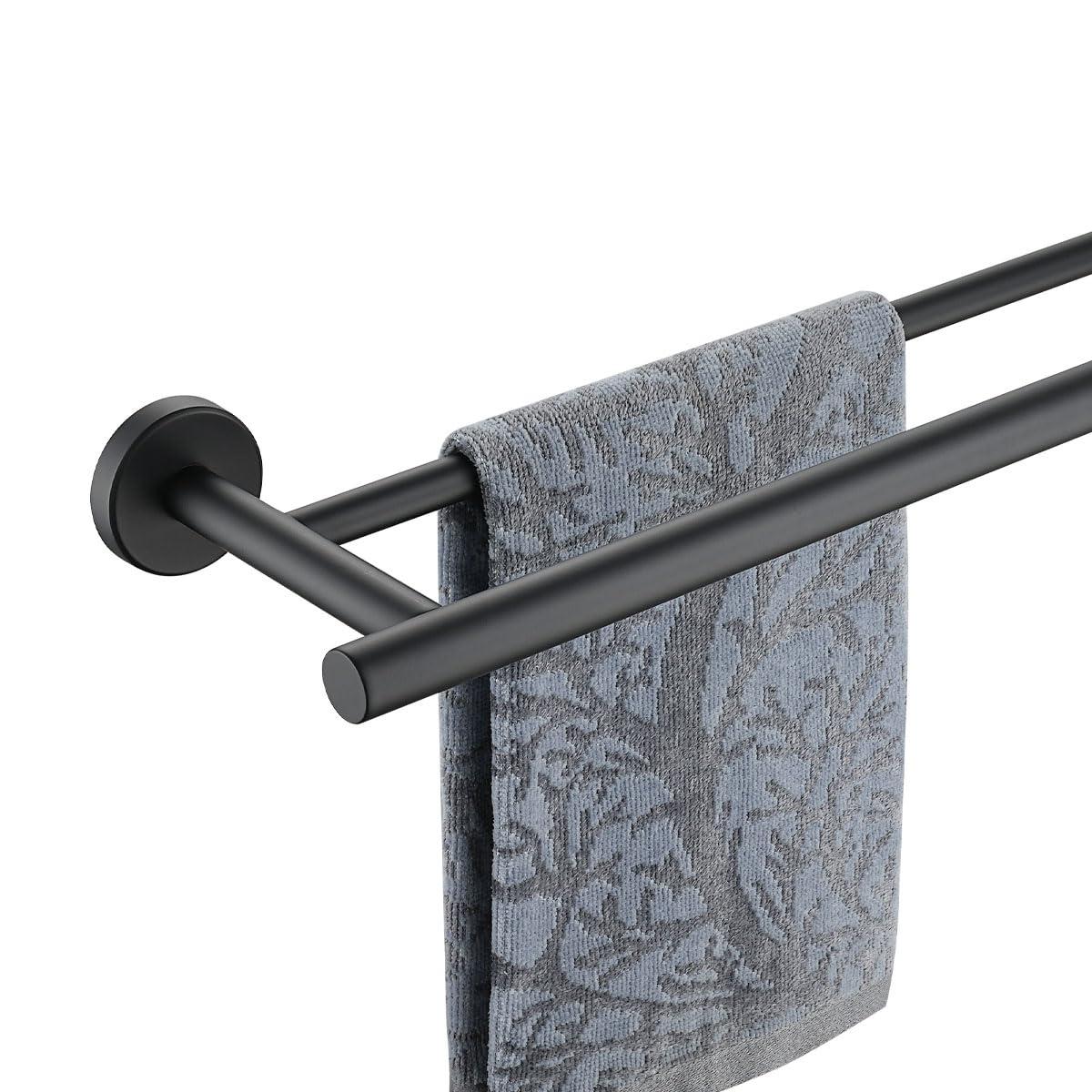 JQK Black Double Towel Bar, 20.5 Inch 304 Stainless Steel Thicken 0.8mm Towel Rack Bathroom, Towel Holder Matte Black Wall Mount, Useable Length 18 Inch, TB100L18-PB
