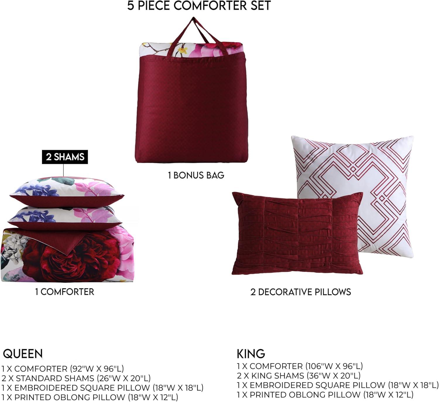 BeBeJan Bebejan Magenta Floral 100% Cotton Sateen 5 Piece Reversible Comforter Set