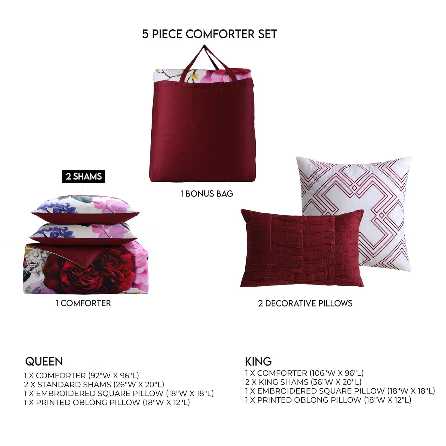BeBeJan Bebejan Magenta Floral 100% Cotton Sateen 5 Piece Reversible Comforter Set