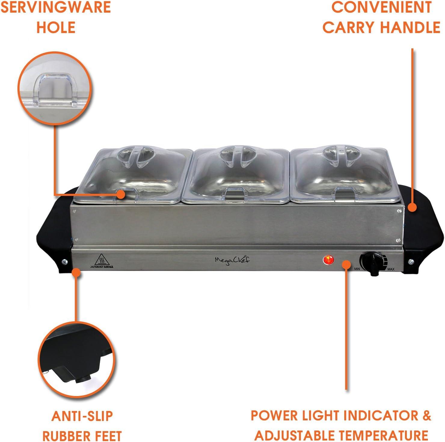 MegaChef Buffet Server & Food Warmer With 3 Sectional Trays: Stainless Steel Chafing Dish, 4.5L Capacity, Temperature Control