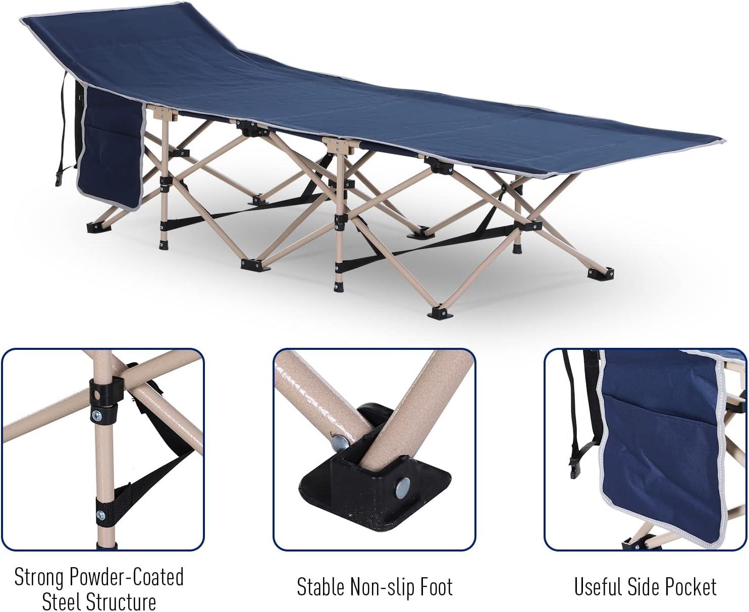 Outsunny Folding Camping Cot for Adults with Carry Bags, Side Pockets, Outdoor Portable Sleeping Bed for Travel Camp Vocation, Blue
