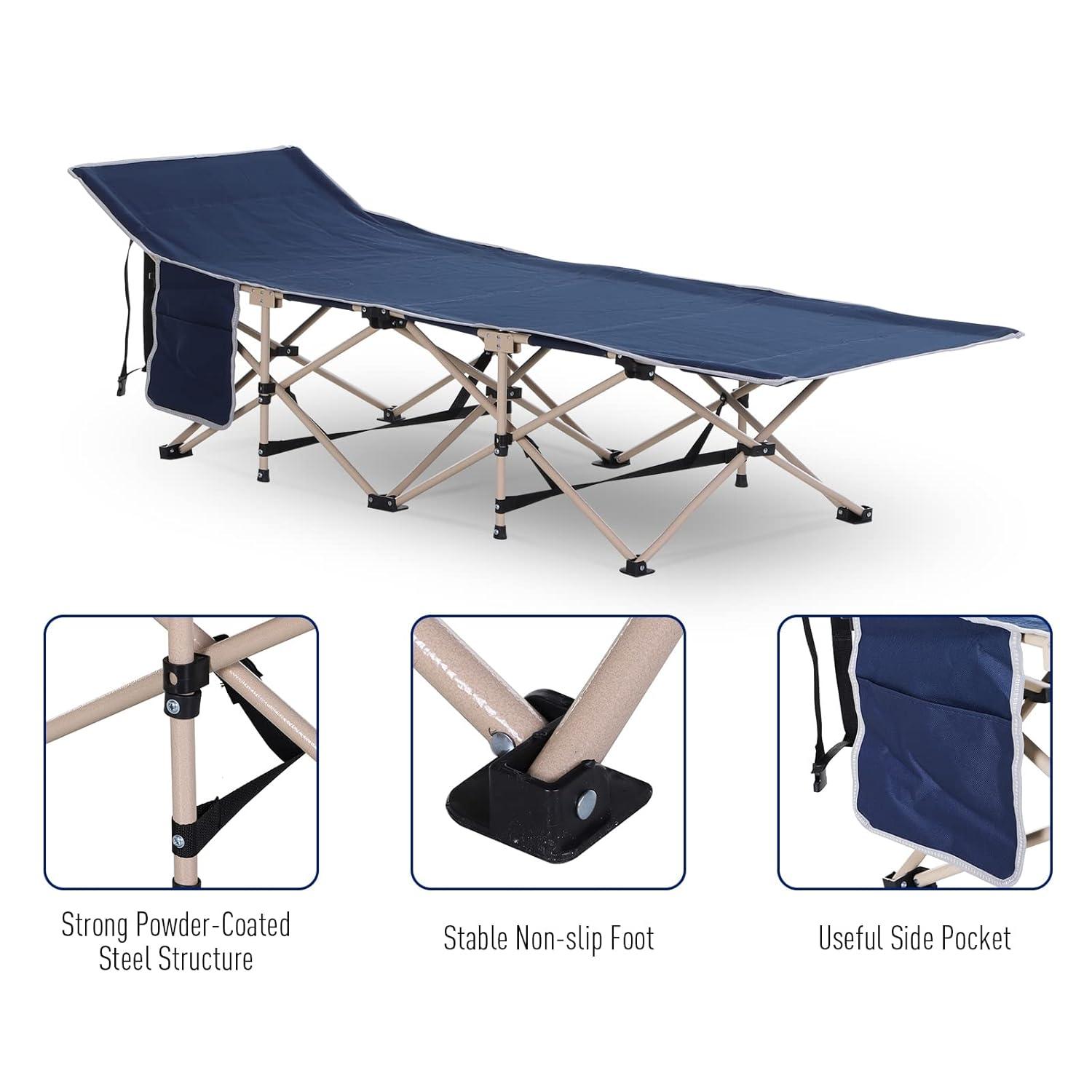 Outsunny Folding Camping Cot for Adults with Carry Bags, Side Pockets, Outdoor Portable Sleeping Bed for Travel Camp Vocation, Blue