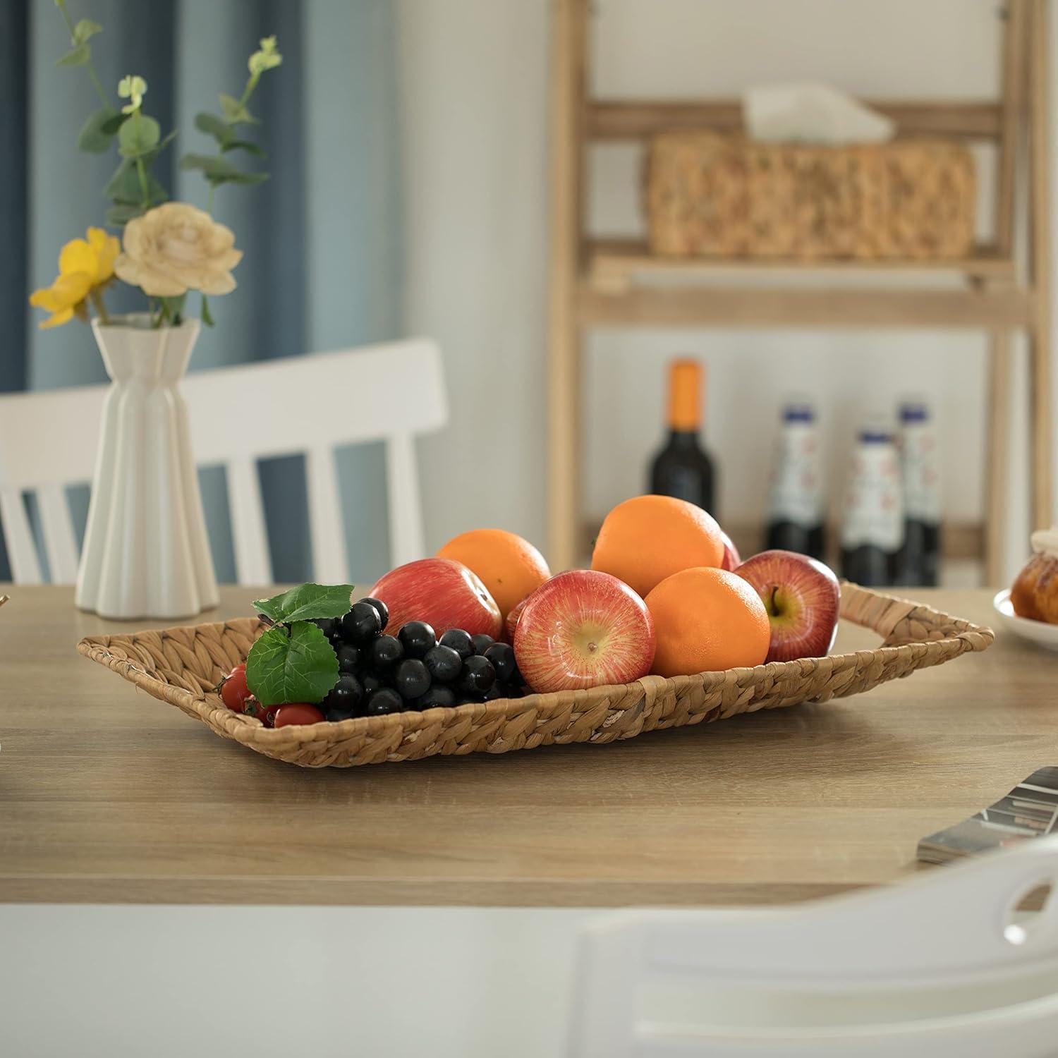 Natural Decorative Rectangular Hand-Woven Water Hyacinth Serving Tray with Built-in Handles