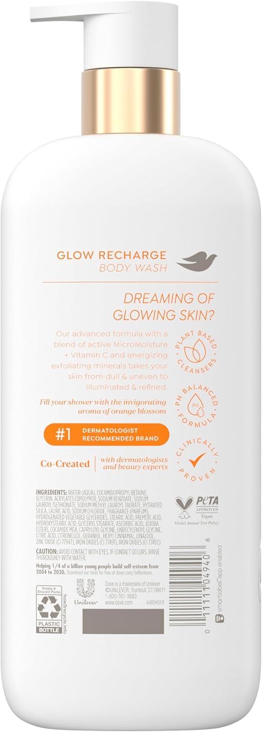 Dove Exfoliating Glow Recharge Body Wash for Women Brightening Serum with Vitamin C All Skin, 18.5 oz