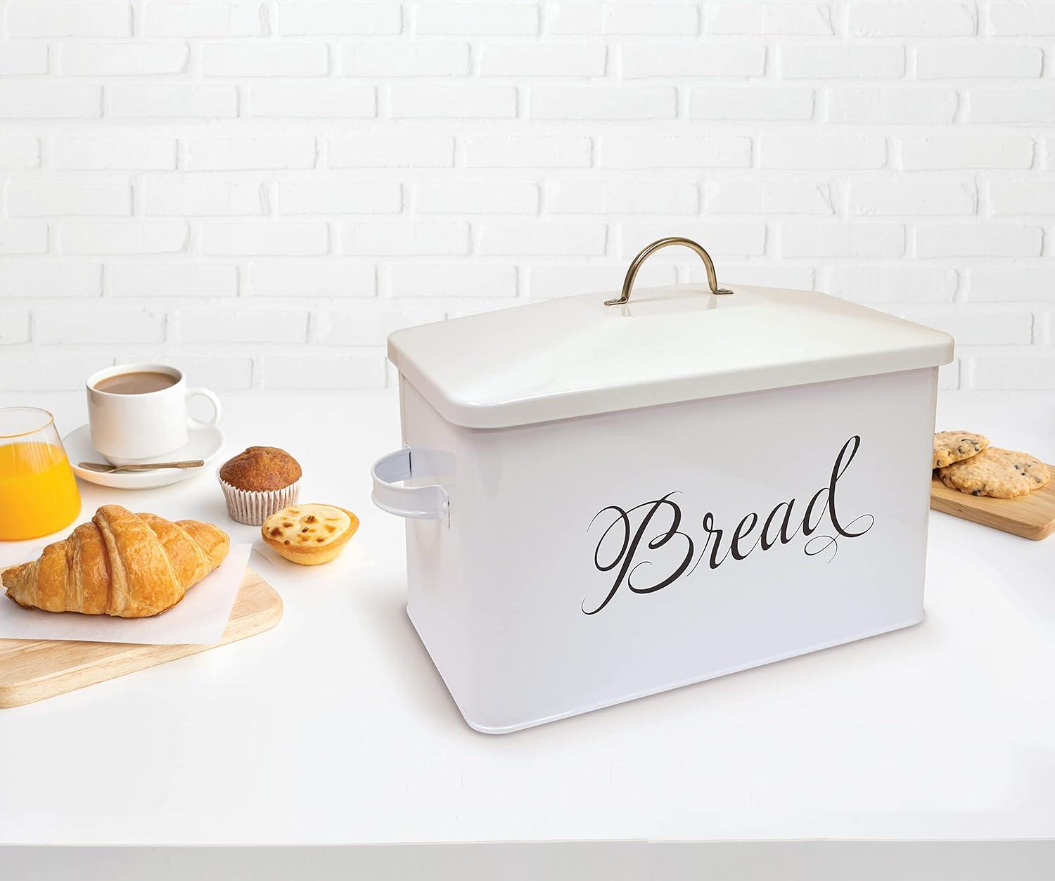 Large White Steel Farmhouse Bread Box with Handles