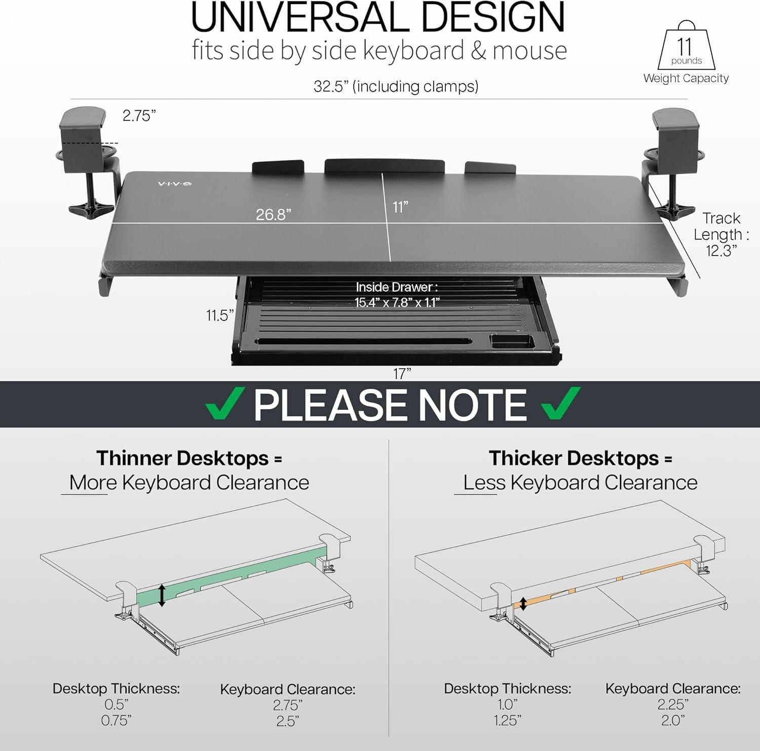 VIVO Extra Sturdy Clamp-on Computer Keyboard Tray Platform with Pencil Drawer