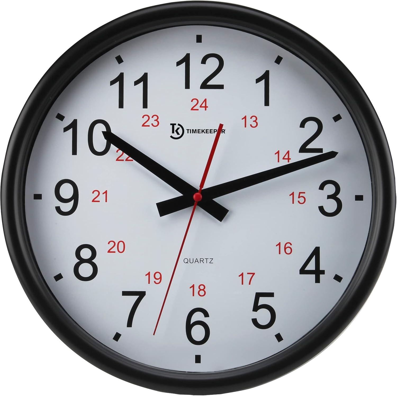 Timekeeper 14-In. Quartz Black and White Indoor/Outdoor Wall Clock with Standard and Military Time, Black and Red Hands, and Black Rim