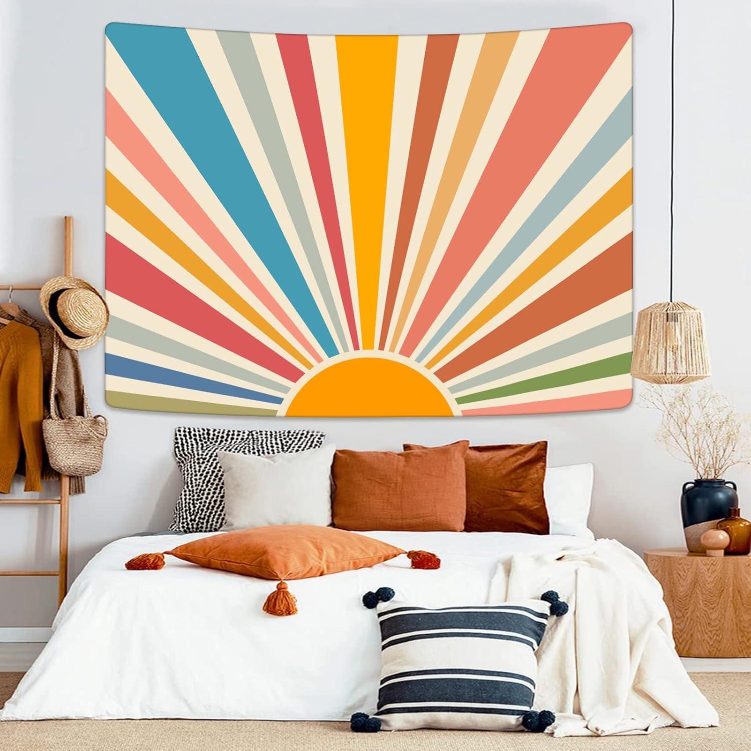 Vintage Sun Tapestry Bohemia Wall Hanging Retro 70s Rainbow Sunrise Sunset Geometric Grunge Abstract Art Print Hippie Decor for Dorm Nursery Bedroom