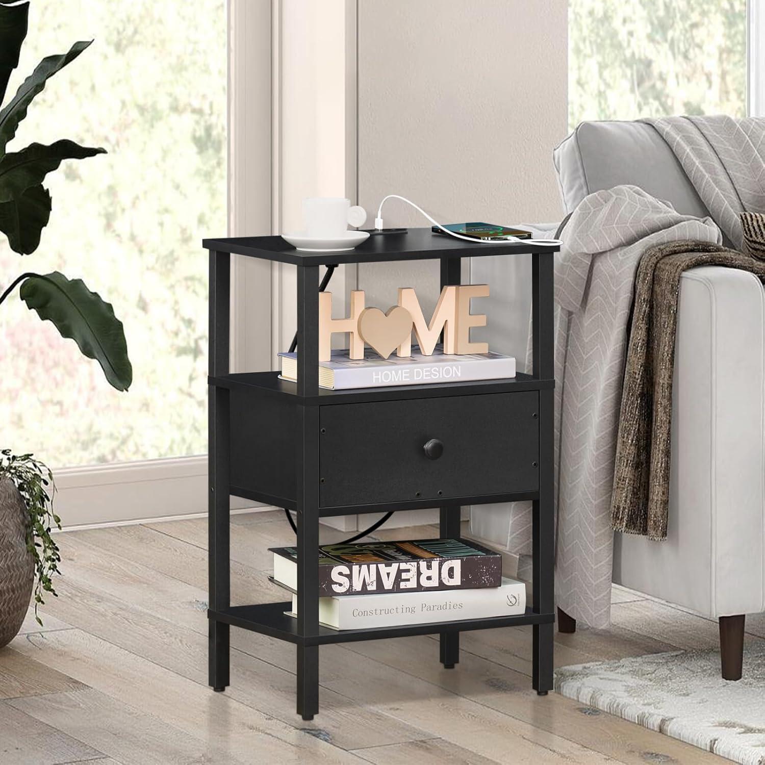 Black Wood 3-Tier Nightstand with Charging Station