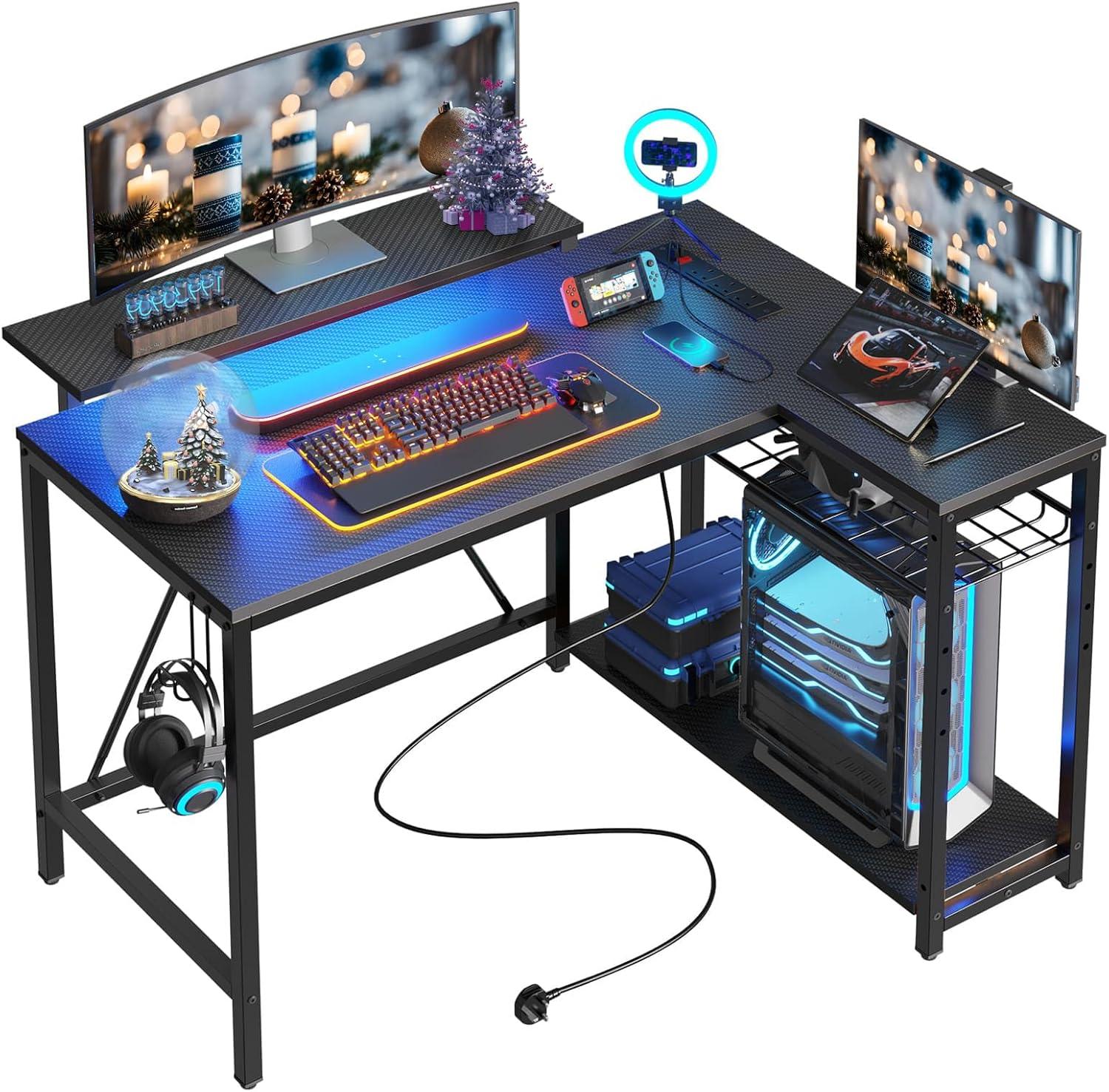 Carbon Fiber Black L-Shaped Gaming Desk with LED Lights and USB Ports