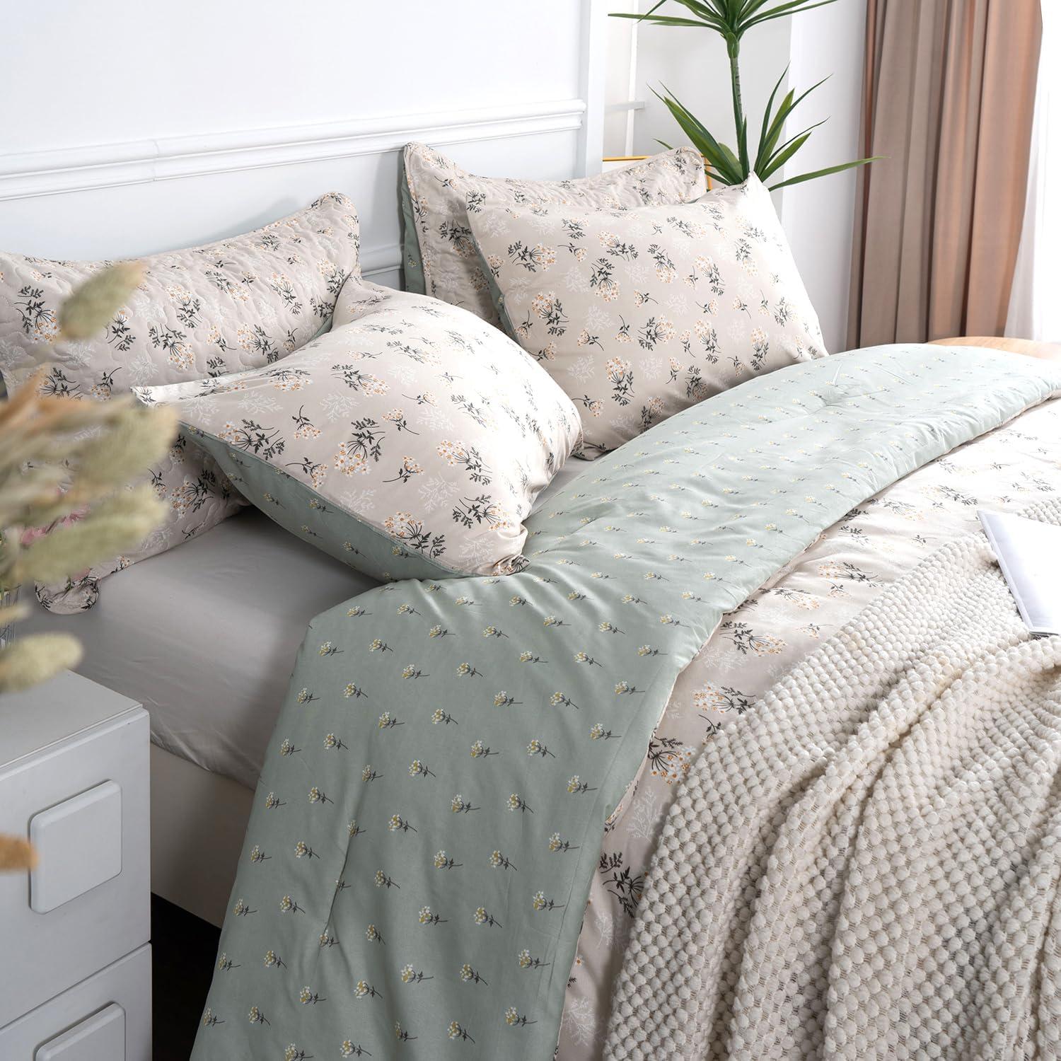 Floral Comforter Set King 3 Pieces Soft Chic Garden Style Green Floral Print Lightweight Botanical Flower Comforter Set for All Seasons 1 Comforter and 2 Pillowcases