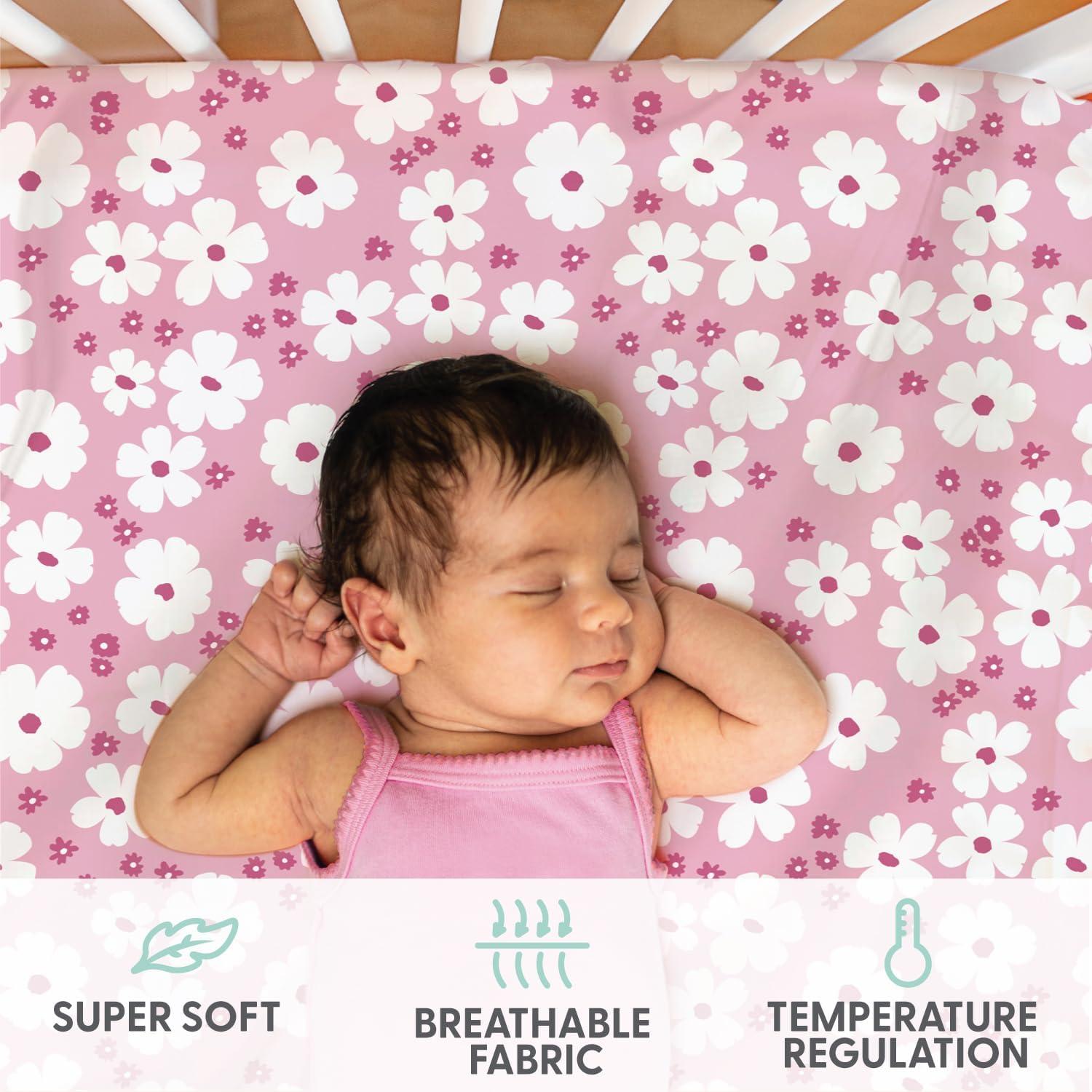 The Peanutshell Fitted Crib Sheet Set for Baby Girls, Daisy, 4 Pack | Pink, Mauve