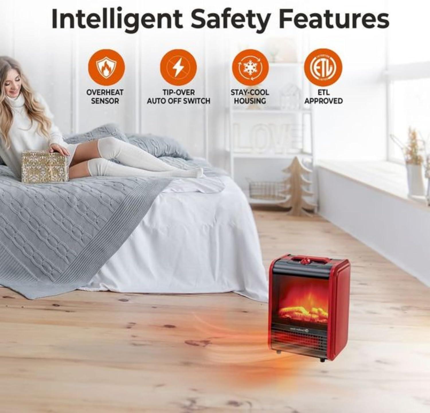 Compact Red Electric Mini Fireplace Heater with 3D Flame