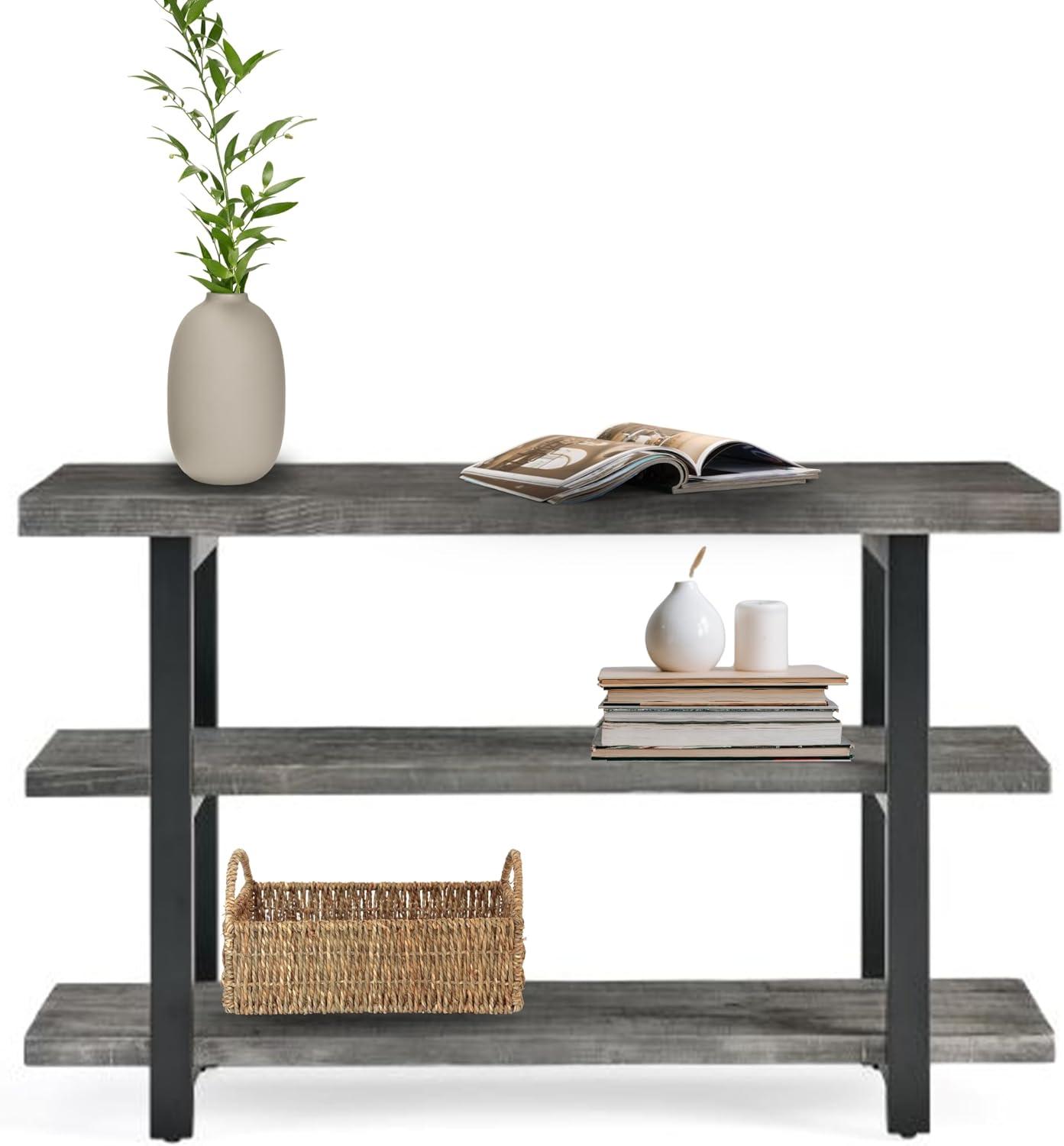 Alaterre Furniture Pomona 48" Industrial Metal and Solid Wood Media/Console Table, Living Room Furniture,  Slate Gray