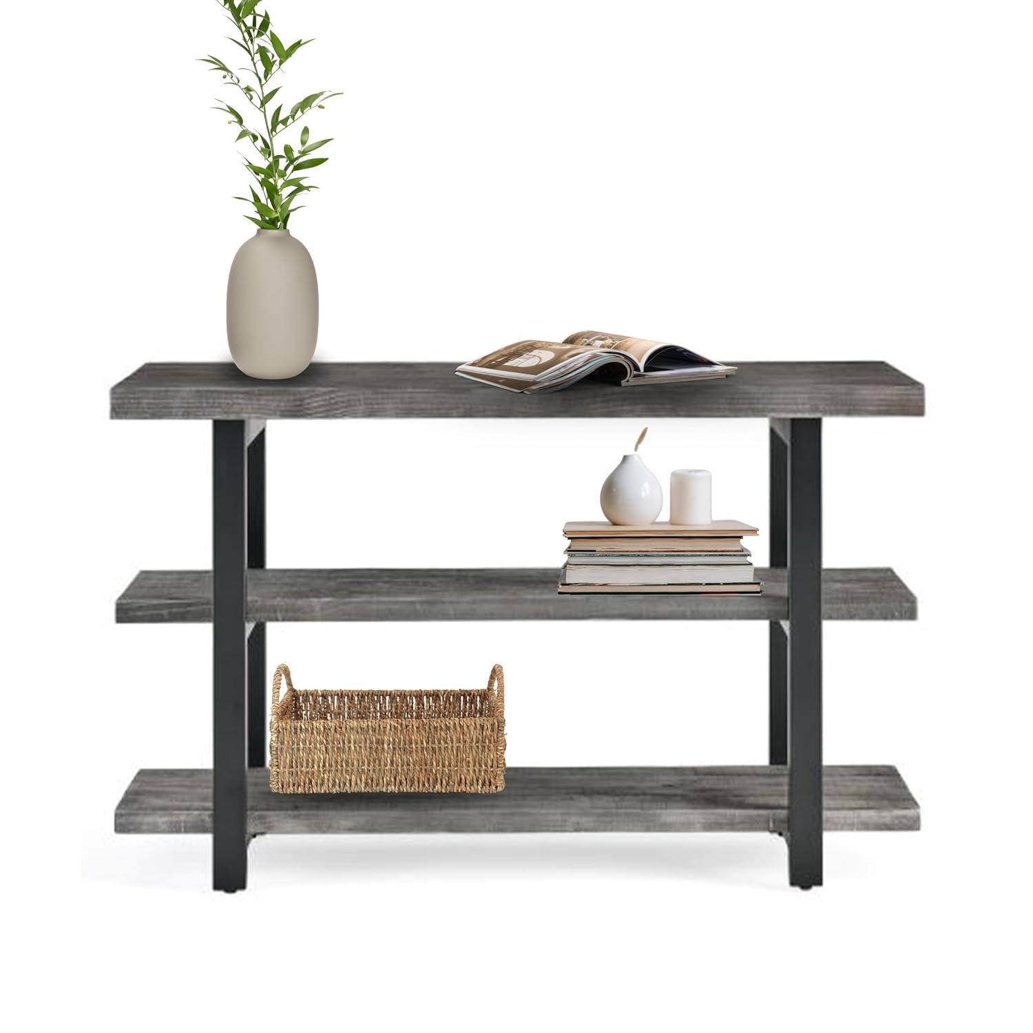 Alaterre Furniture Pomona 48" Industrial Metal and Solid Wood Media/Console Table, Living Room Furniture,  Slate Gray