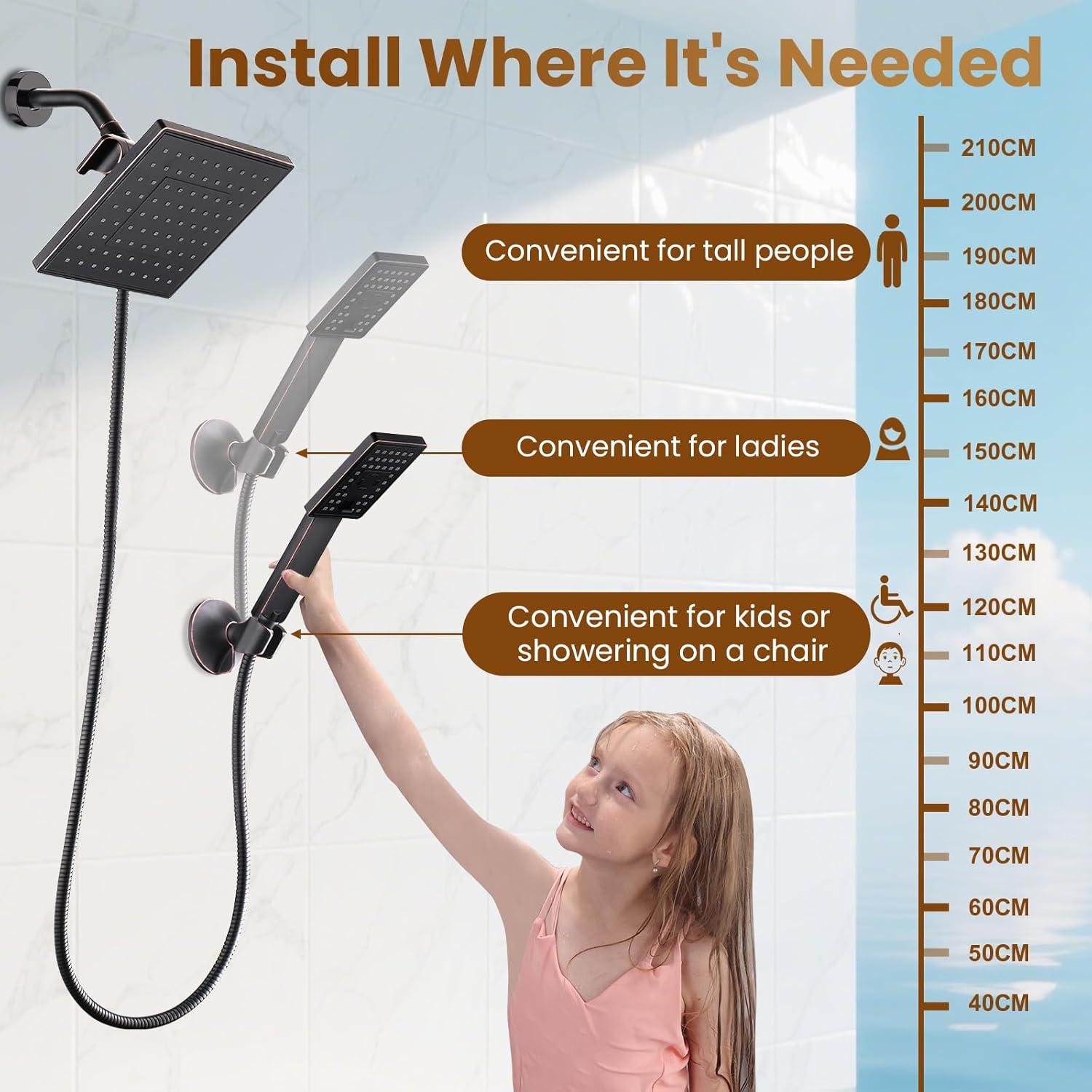 XINGRUISI 8-Inch Square Dual Shower Head Combo With 60-Inch Hose, Adjustable Handheld & Rainfall Shower Set, 3-Way Diverter & Wall Bracket XINGRUISI0ee1ef3