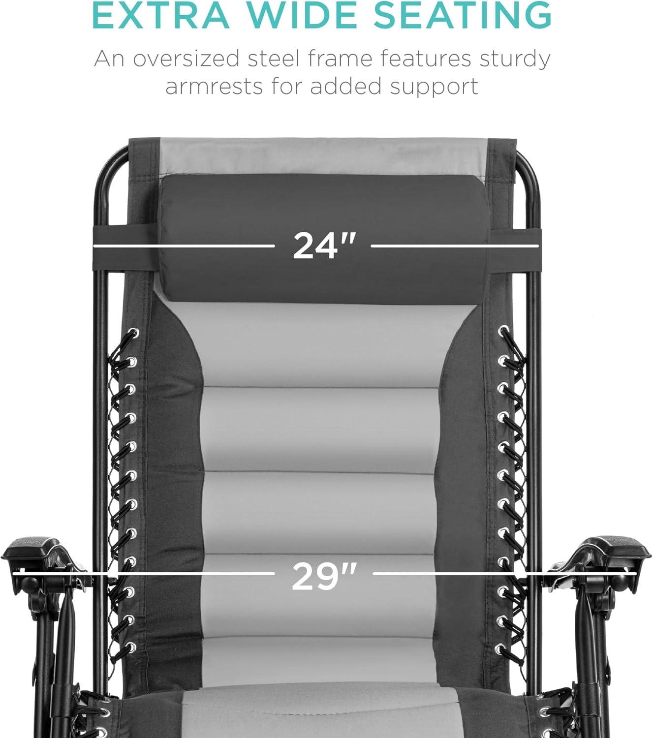 Best Choice Products Oversized Padded Zero Gravity Chair, Folding Outdoor Patio Recliner w/ Side Tray - Gray/Light Gray