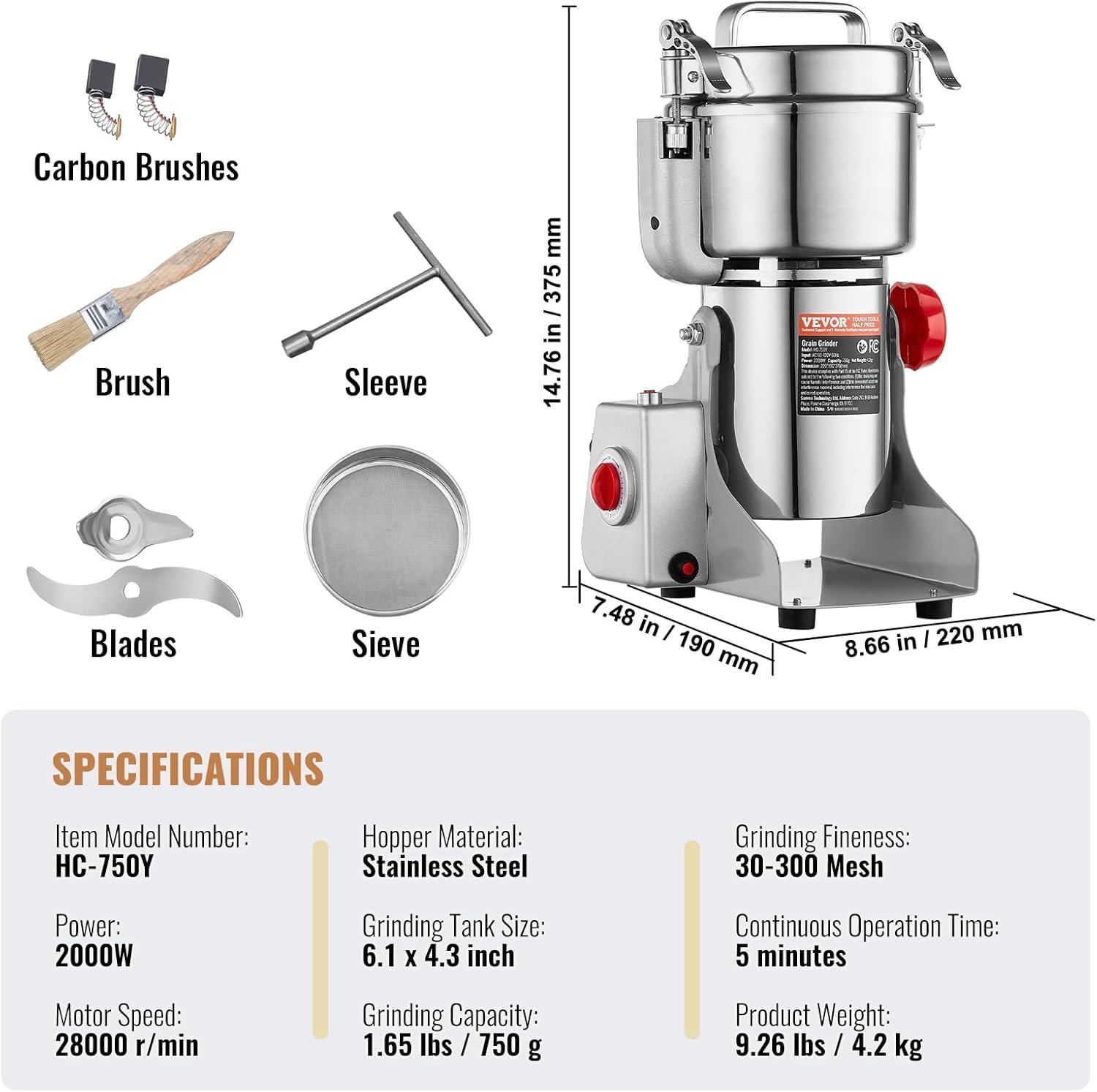 VEVOR 750g High Speed Stainless Steel Electric Grain Mill Grinder