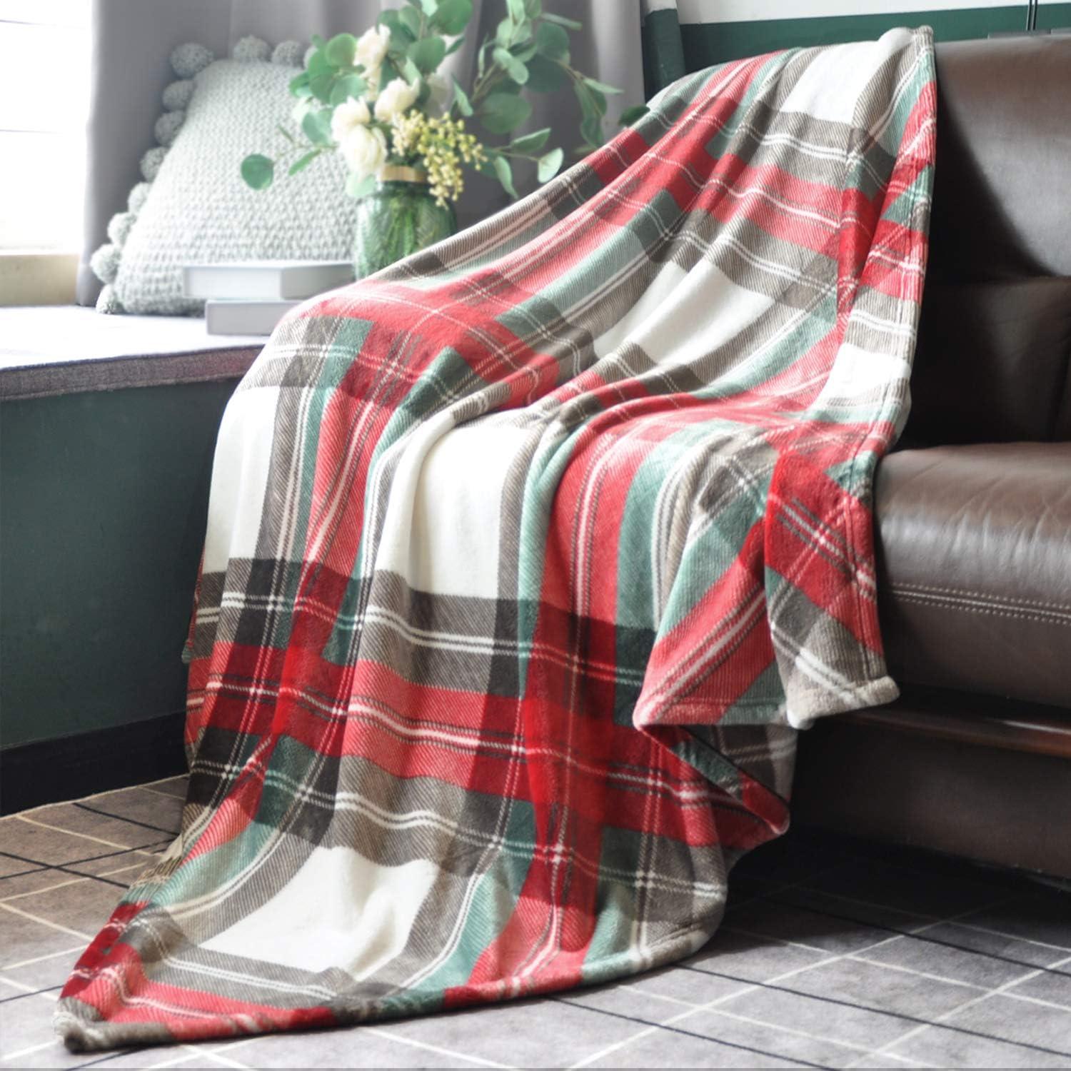 Ultra Soft Throw Blanket with Plaid, Cozy Flannel Fleece Luxury Blanket for Bed, Sofa and Couch (50 x 60 inch, Red)