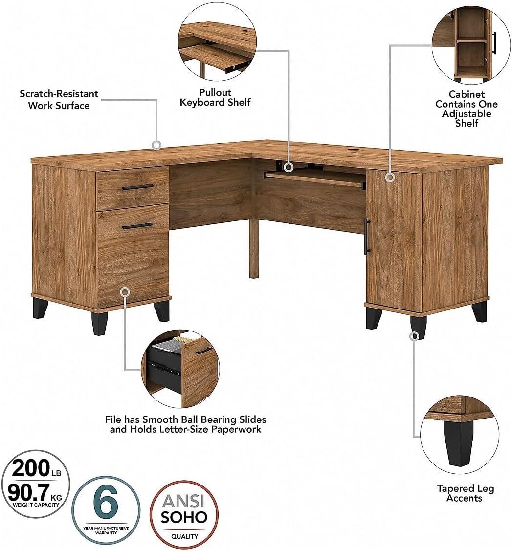 Bush Furniture Somerset 60" L Desk and Hutch with Storage, Fresh Walnut