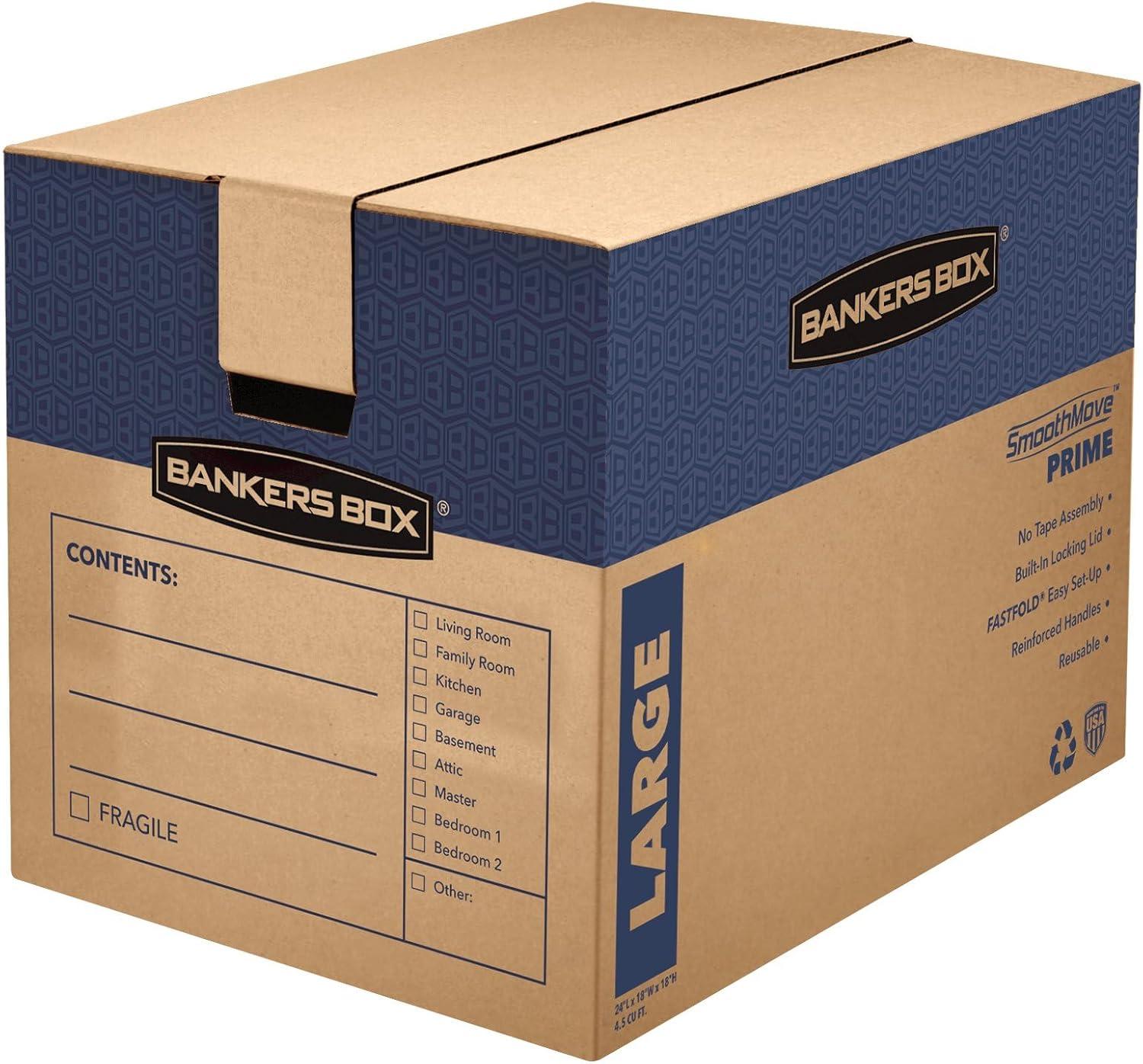 Bankers Box SmoothMove Prime Moving/Storage Boxes, Hinged Lid, Regular Slotted Container (RSC), 18" x 24" x 18", Brown/Blue, 6/Carton