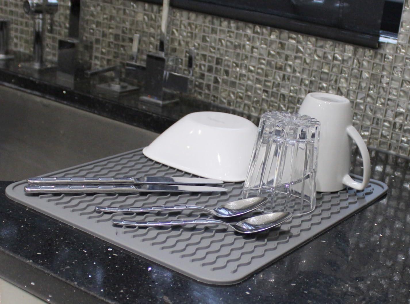 Dependable Industries Silicone Drying Mat, 16"x12" - Grooved Design, Heat-Resistant, Non-Slip, BPA-Free - For Dishes, Cutlery, Pots, Pans (Gray)