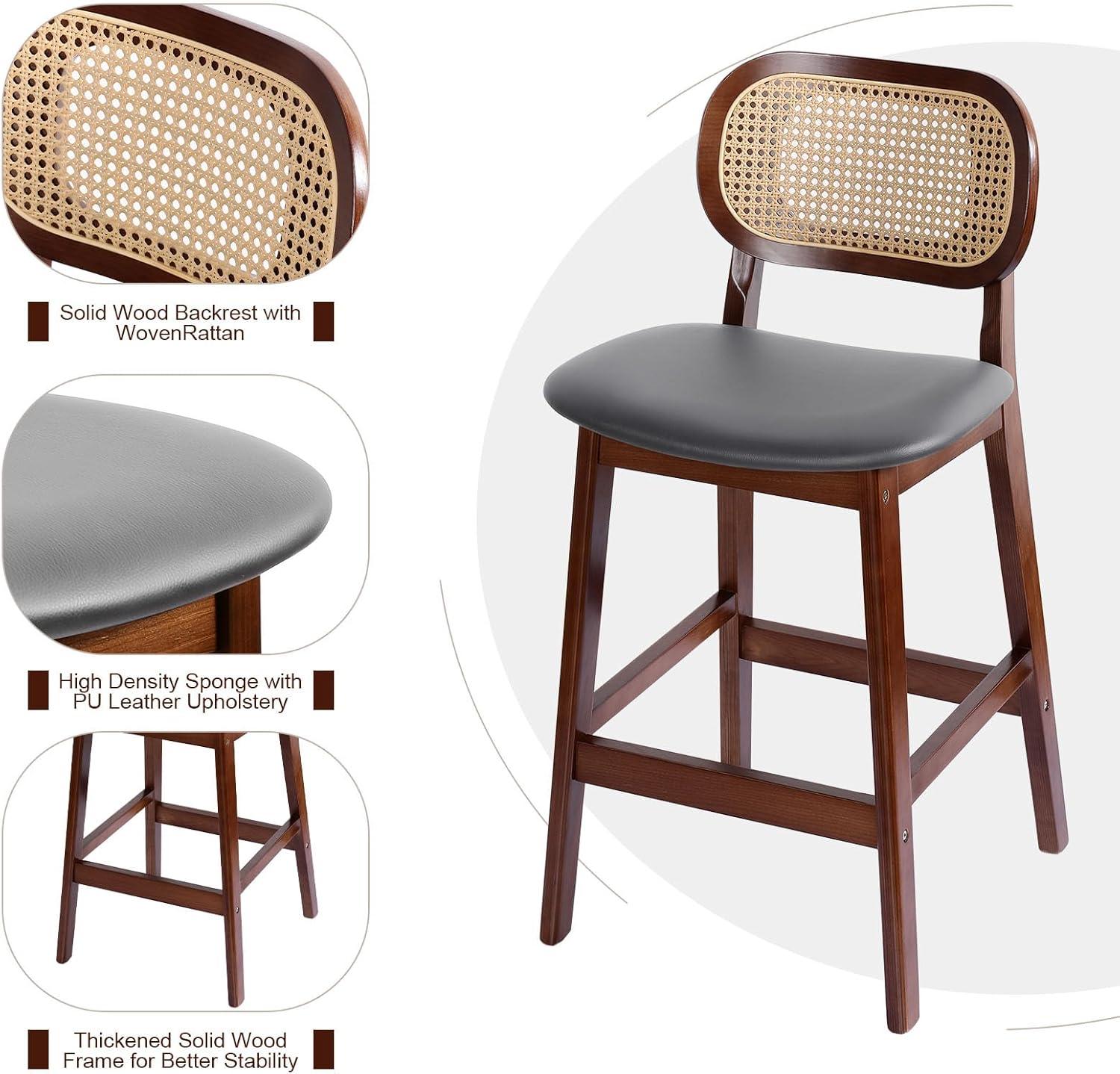 Lucky Monet Wood Upholstered Counter Height Bar Stools with Rattan Back - 36.81"H x 17.72"W x 18.7"D Set of 2 - White Faux Leather/ Brown Frame