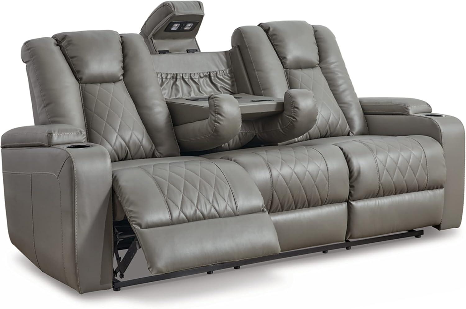 Contemporary Gray Faux Leather Reclining Sofa with Cup Holders