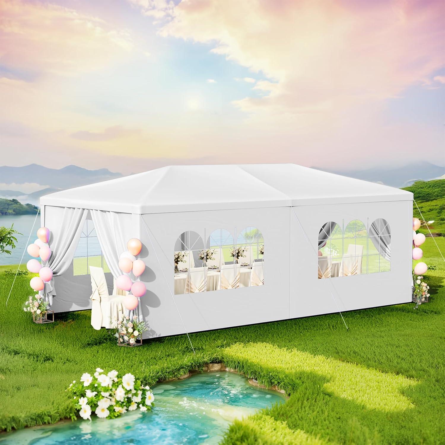 ZENSTYLE Gazebo Party Outdoor Tent in White,10 x 20' with 6 Side Walls Wedding Canopy Cater Events
