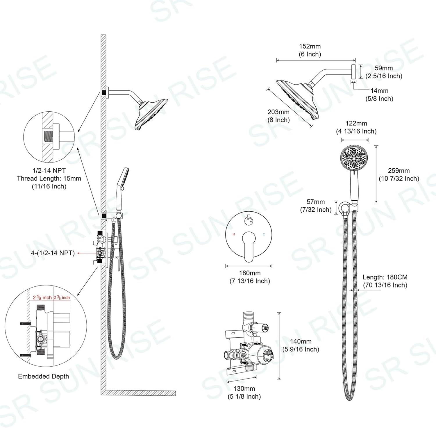 SR SUN RISE Shower Faucet - 8 Inch Multifunctional High Pressure Shower Head System with Handheld Shower Head Fixtures - Valve Included - Brushed Nickel