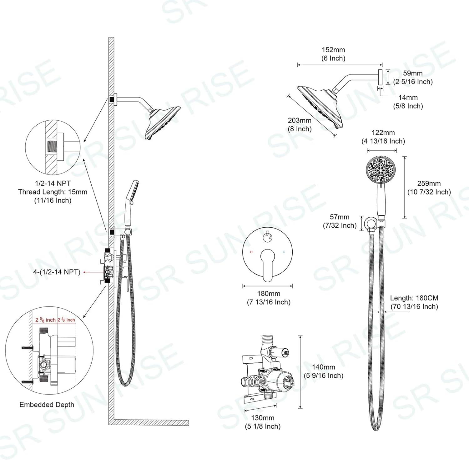 SR SUN RISE Shower Faucet - 8 Inch Multifunctional High Pressure Shower Head System with Handheld Shower Head Fixtures - Valve Included - Brushed Nickel