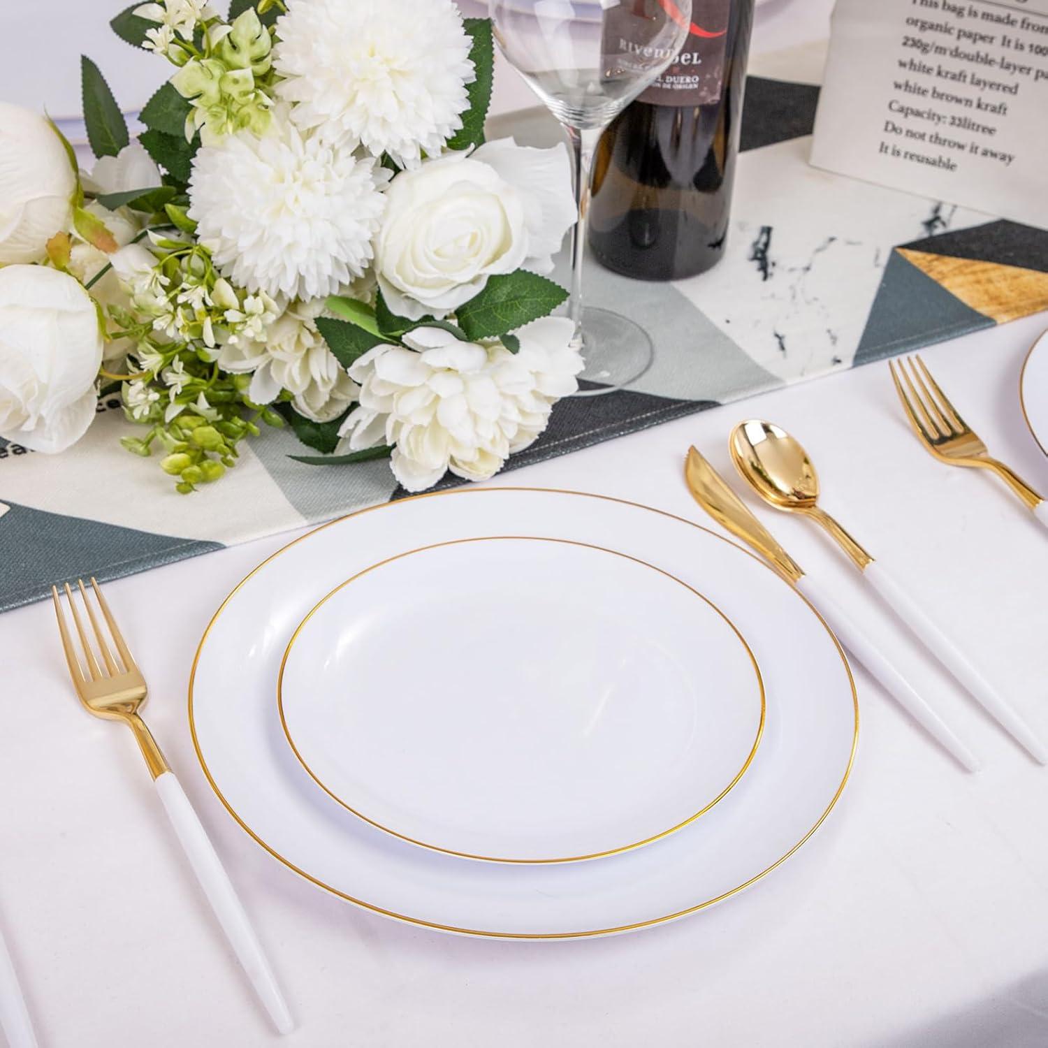 White and Gold Round Plastic Dinnerware Set for 30 Guests