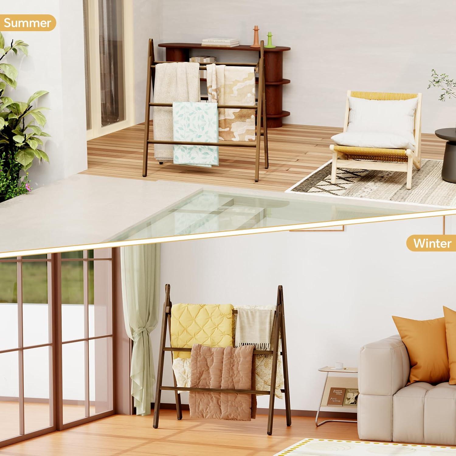 Red Barrel Studio® 6-Tier Wide Double Blanket Ladder Wood, Rustic Decorative Towel Rack For Big Blanket, Towel, Quilt, Clothes, Freestanding Blanket Holder Towel Ladder Decor Stand For Living Room, Bedroom