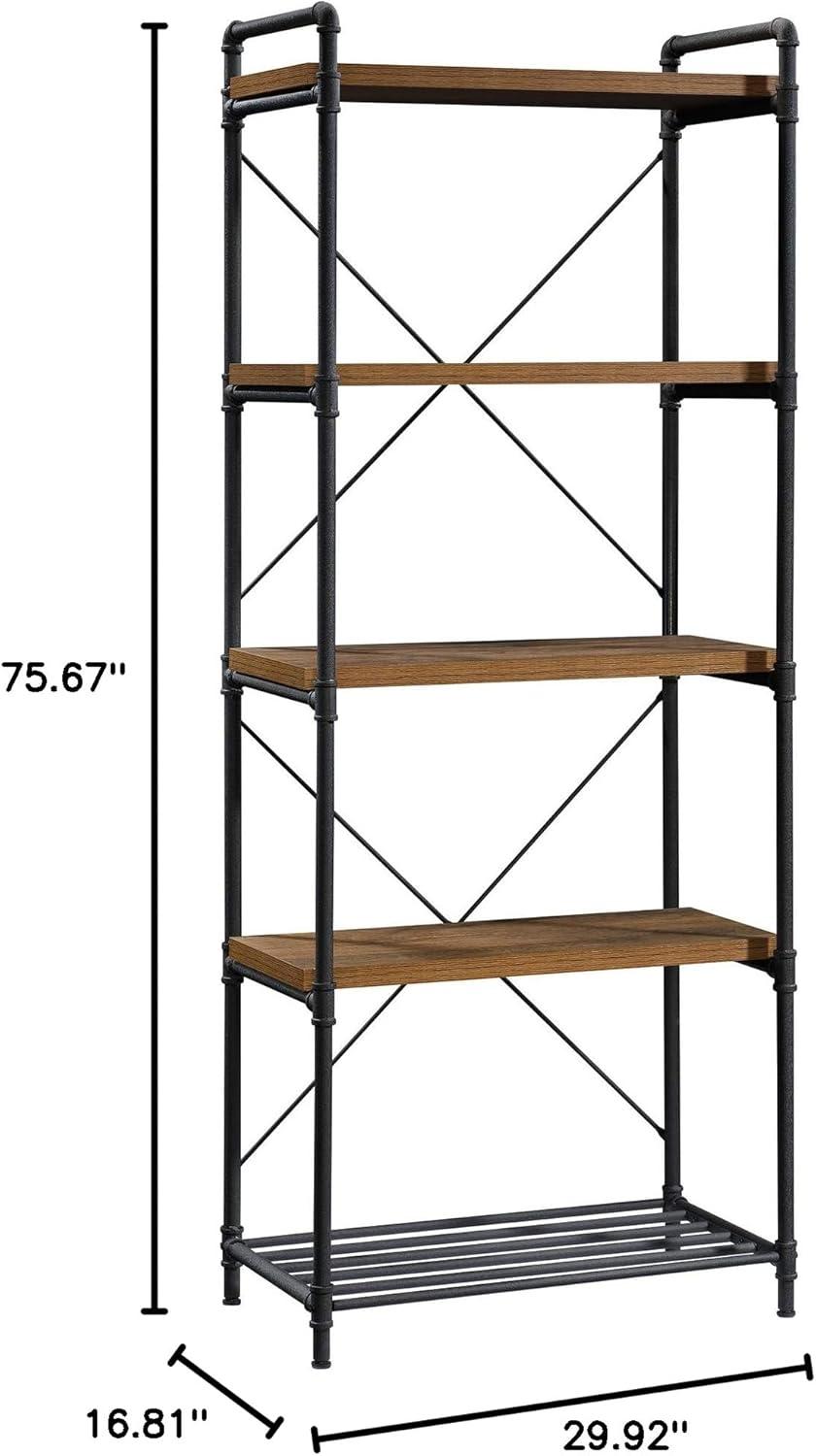 76" Tall Iron City Bookshelf Checked Oak - Sauder: 5-Shelf Metal Frame, Farmhouse Style, Rustic Storage: Vertical Shelving Unit