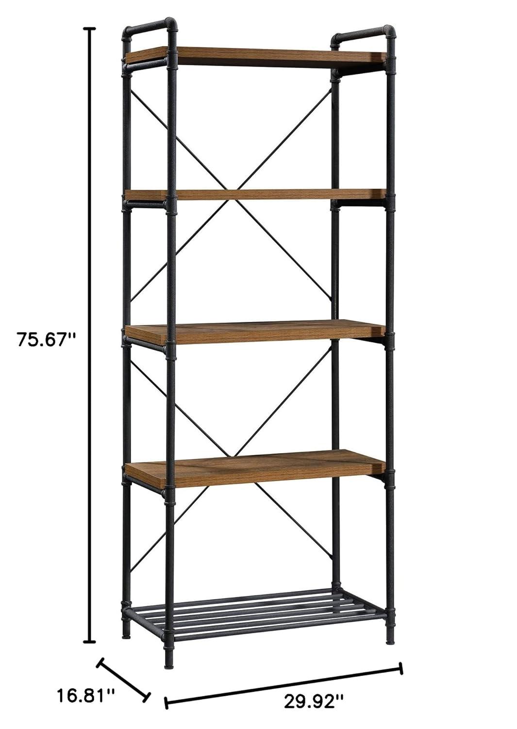 76" Tall Iron City Bookshelf Checked Oak - Sauder: 5-Shelf Metal Frame, Farmhouse Style, Rustic Storage: Vertical Shelving Unit