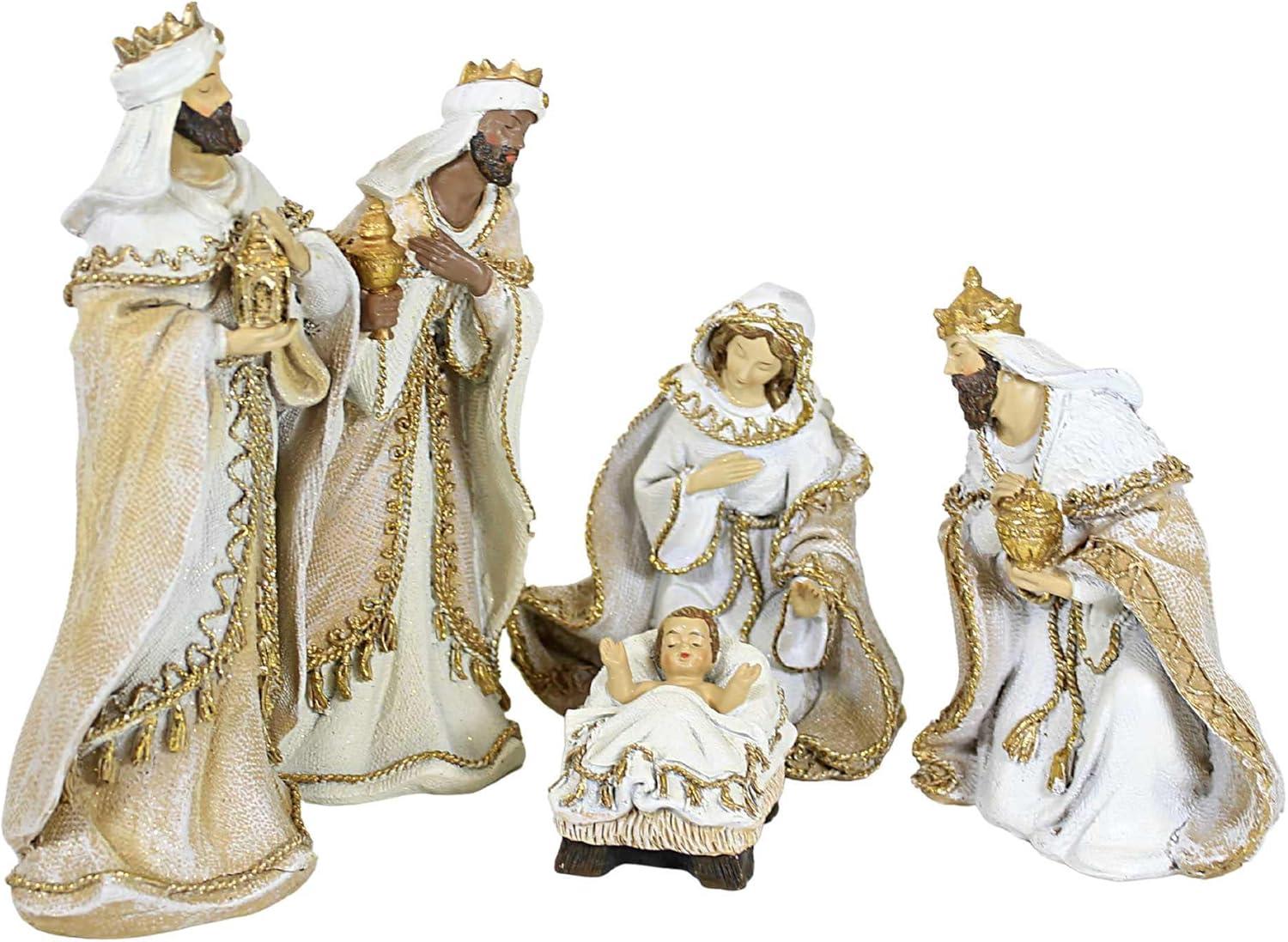 Roman 8.0 Inch Nativity Woven Gold Trim Fabric Look Nativity Scene Figurine Sets