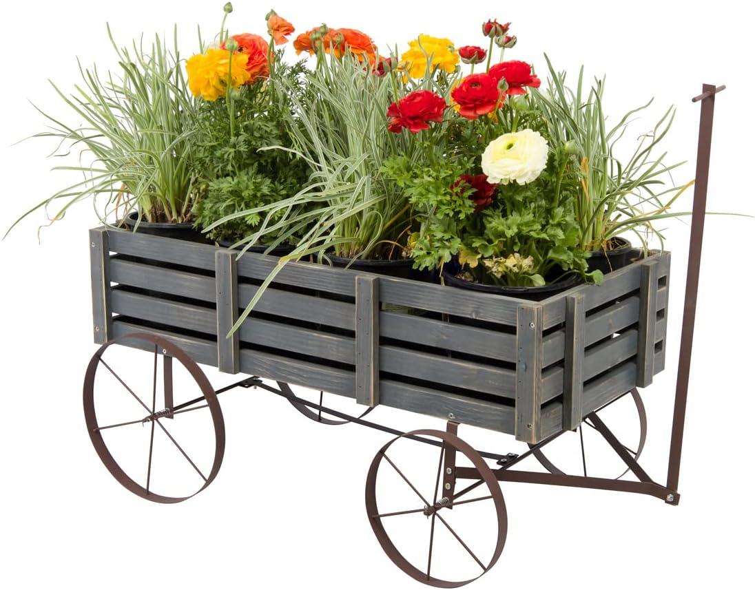 Gray Cedar Wood Decorative Wagon Planter for Indoor/Outdoor Use