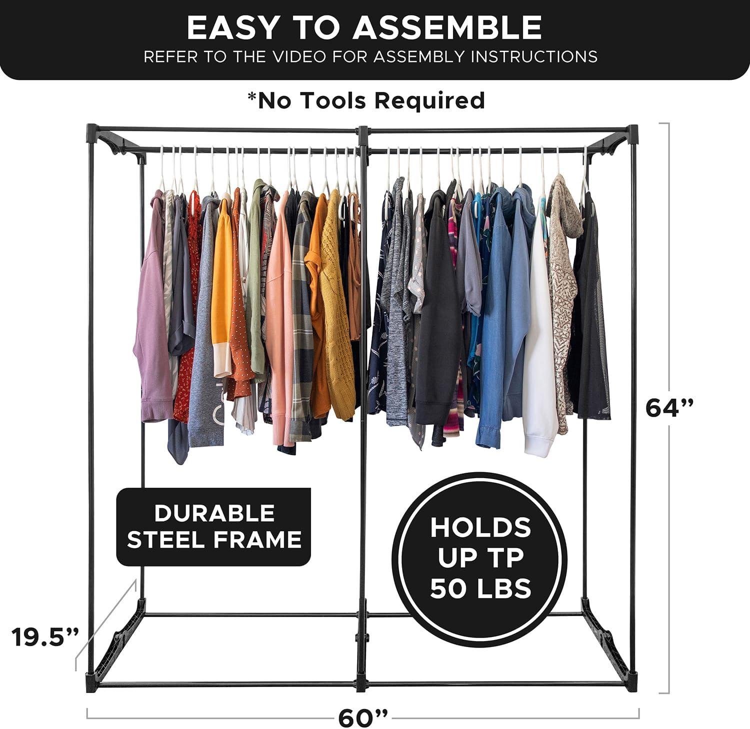 HOLDN’ STORAGE Portable Wardrobe Closet, Large - Premium Heavy Duty Metal Hanging Rod with Black Cover- 50 Lb. Weight Capacity- Super Easy Assembly, No Tools Required