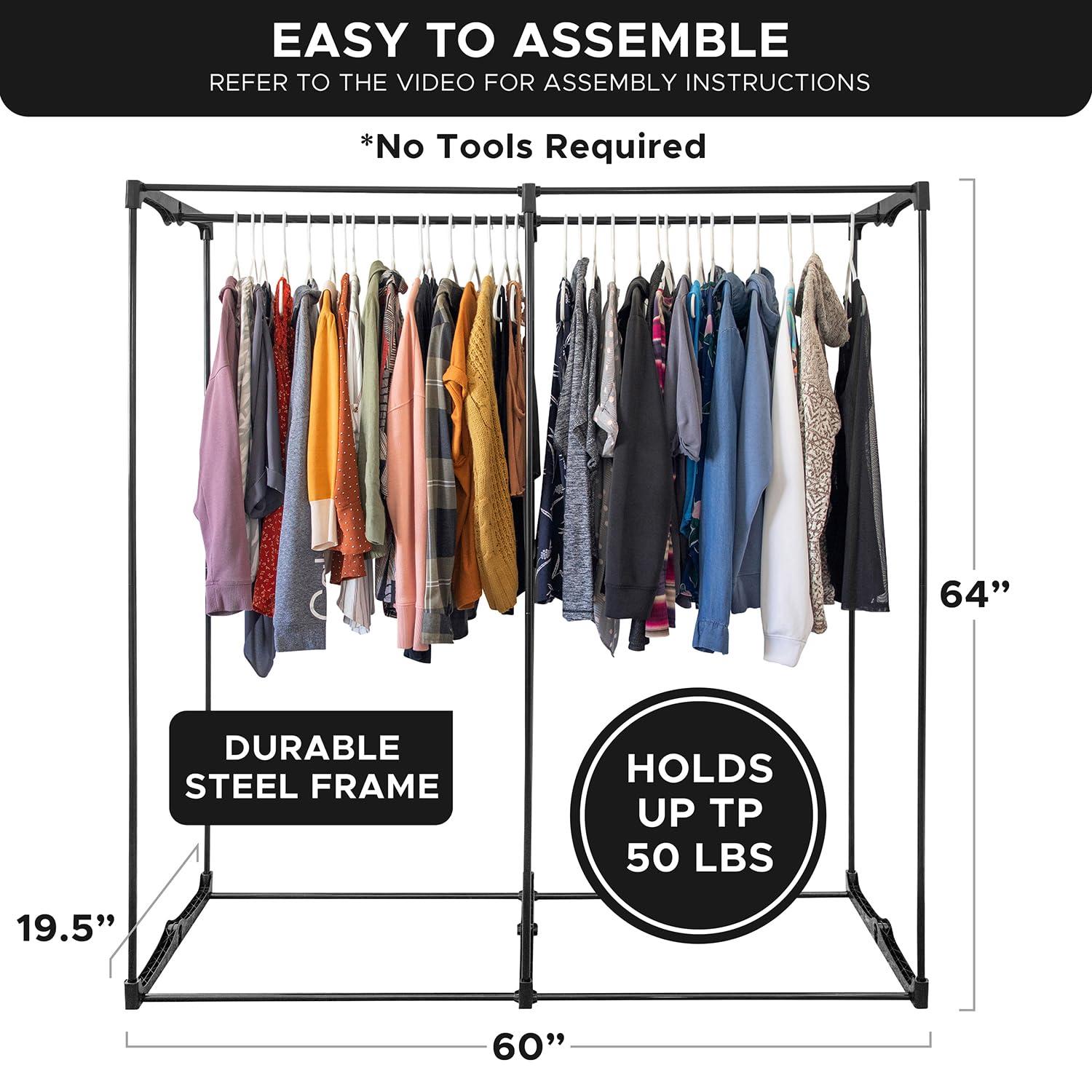 HOLDN’ STORAGE Portable Wardrobe Closet - 65 lb Large Capacity, Internal Heavy Duty Metal Rod, Zipper & Clear Window, Durable Clothes Organizer, Tool-Free Easy Assembly, Black Canvas Cover