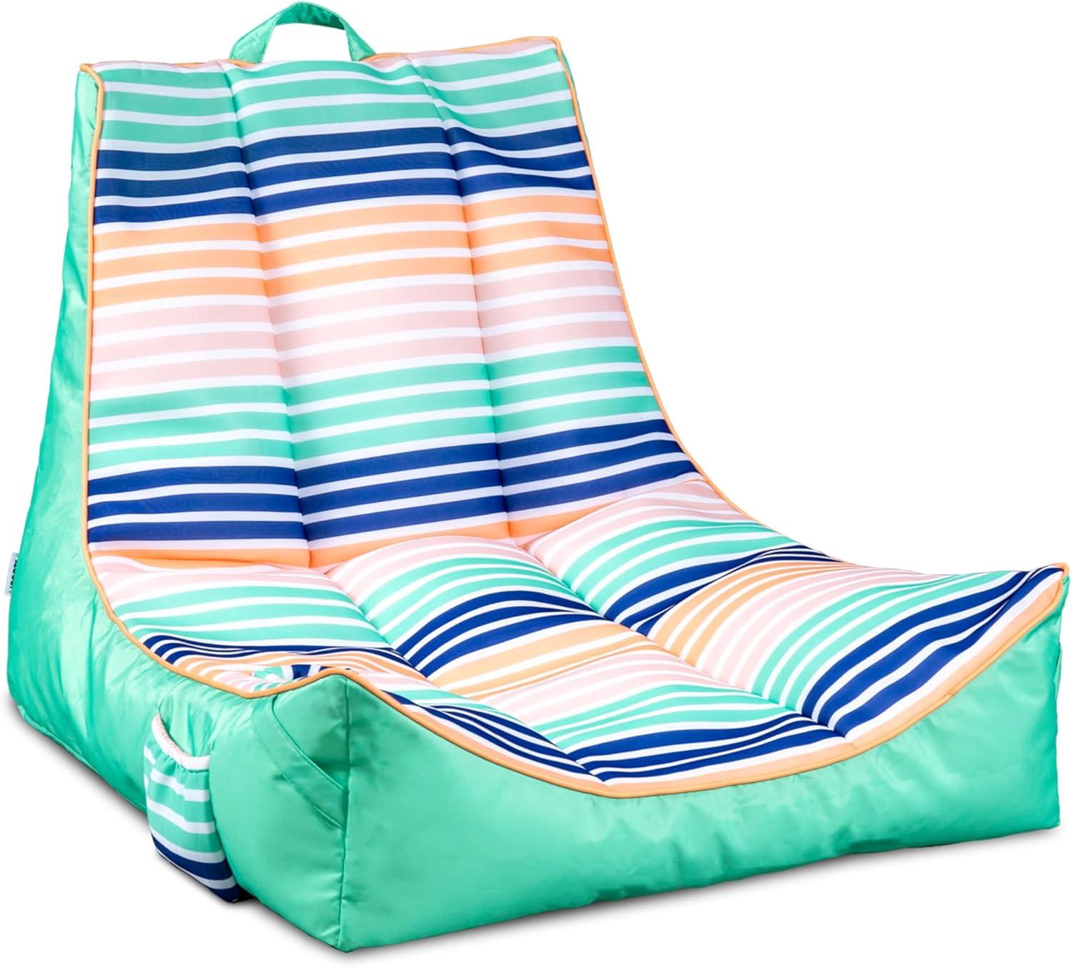 Big Joe Captain's Float No Inflation Needed Pool Lounger, Rivera Stripe Turquoise Double Sided Mesh, Quick Draining Fabric, 3 feet
