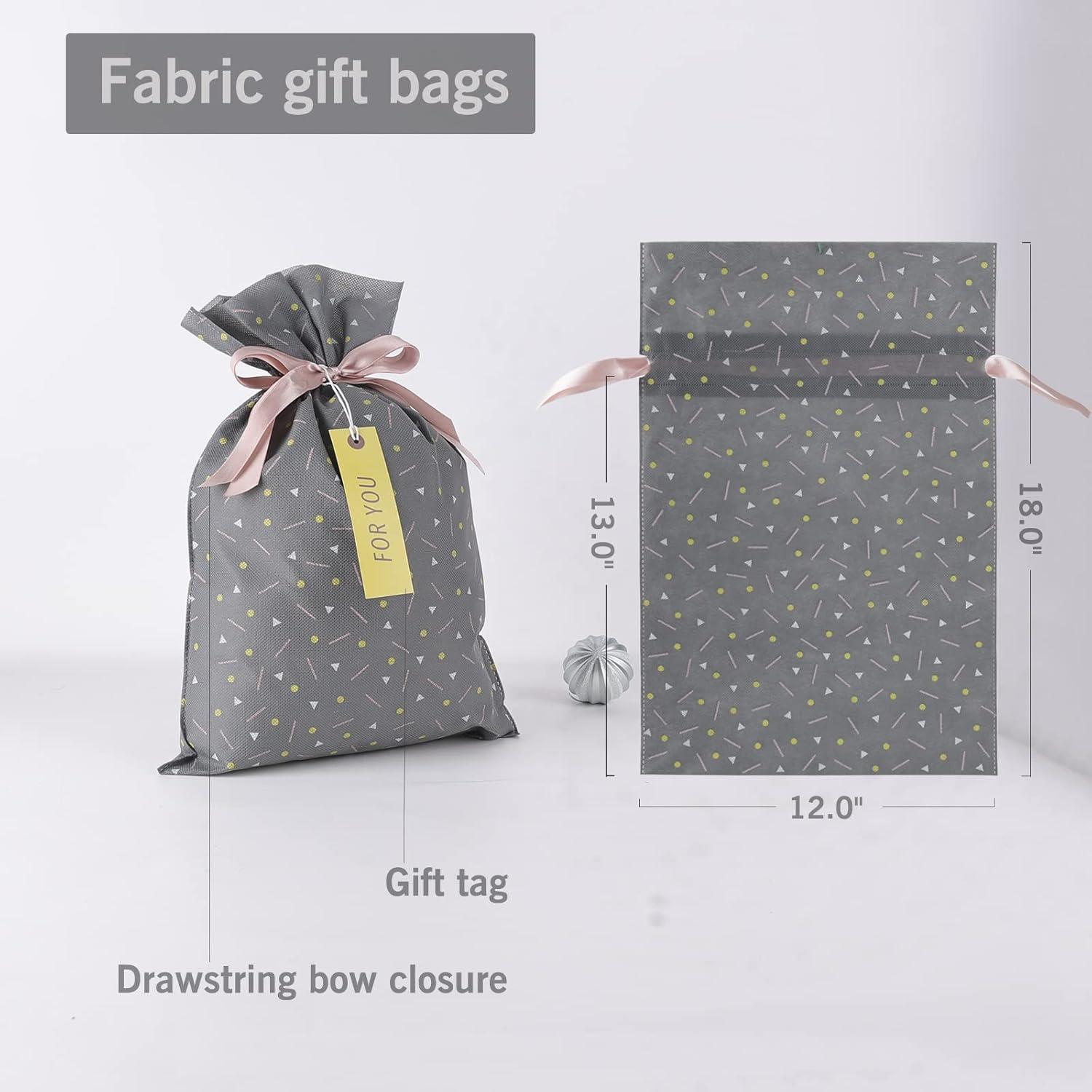 Grey Fabric Reusable Gift Bags with Drawstring and Tags, Set of 6