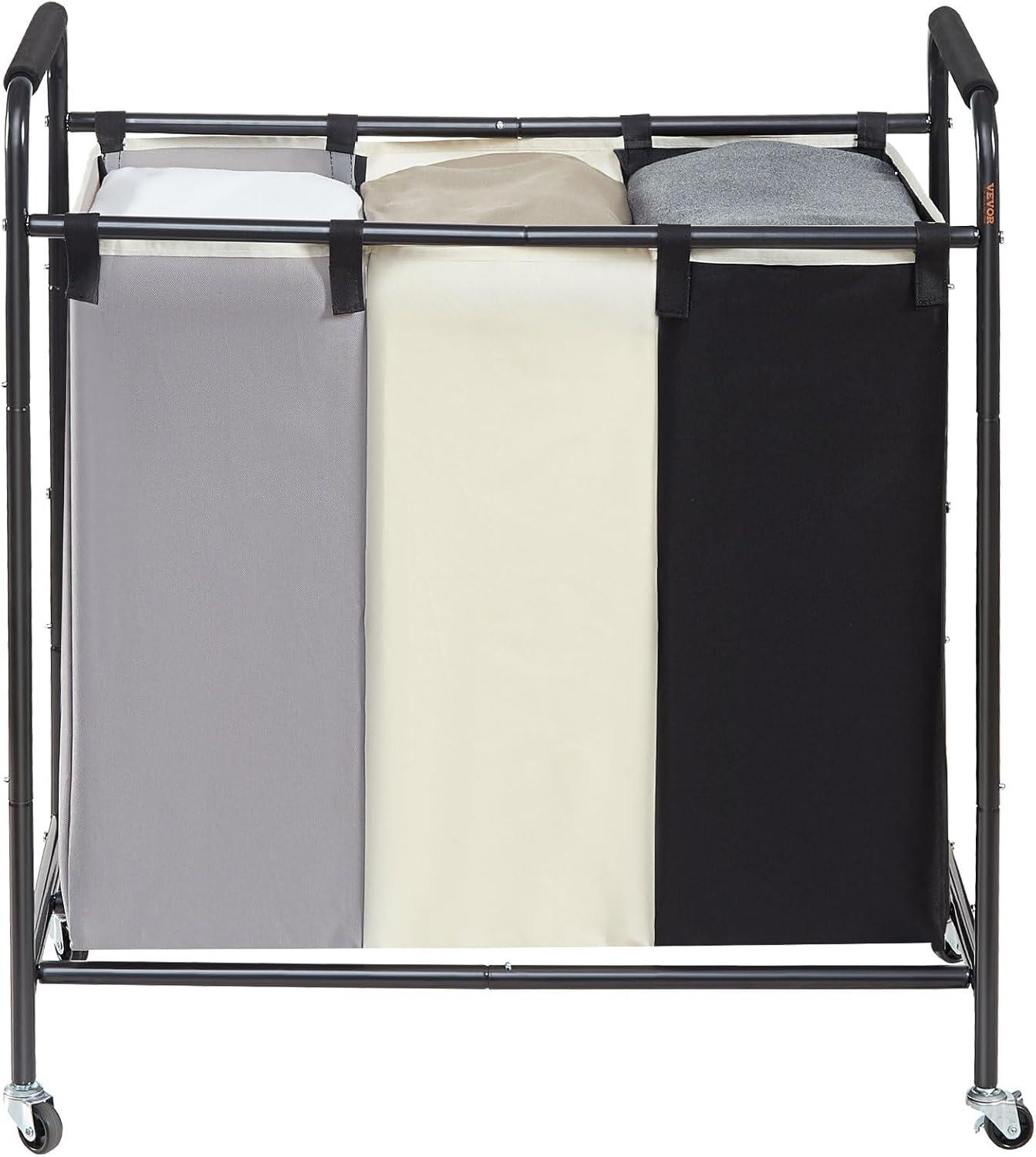VEVOR 3-Section Laundry Basket, Heavy Duty Laundry Hamper Storage Organizer, Laundry Sorter Cart with Heavy Duty Lockable Wheels for Dirty Clothes in Laundry Room Bedroom