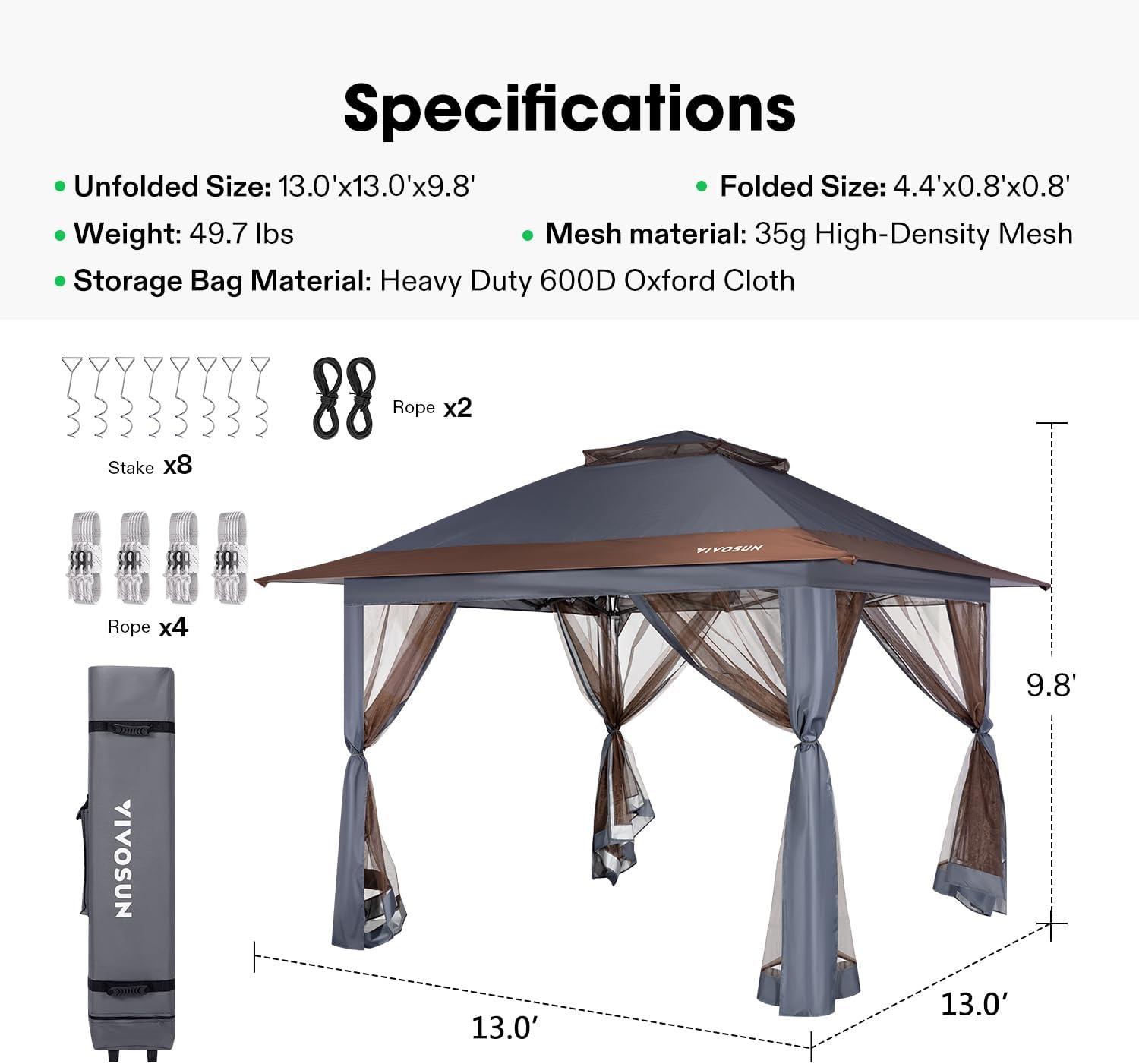 Gray 13' x 13' Pop-Up Canopy Tent with Mosquito Netting