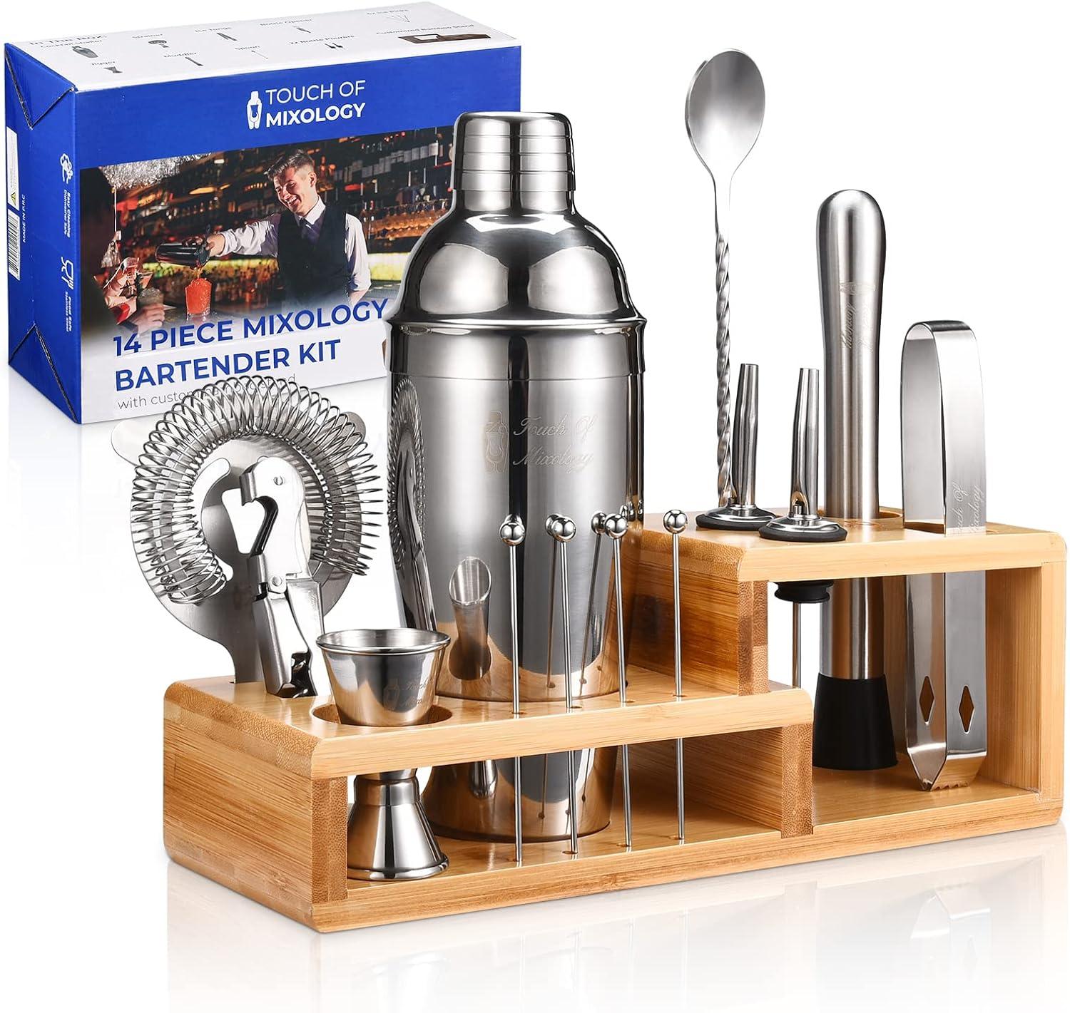 Touch of Mixology Premium 14 Piece Stainless Steel Bartender Kit with Bamboo Stand