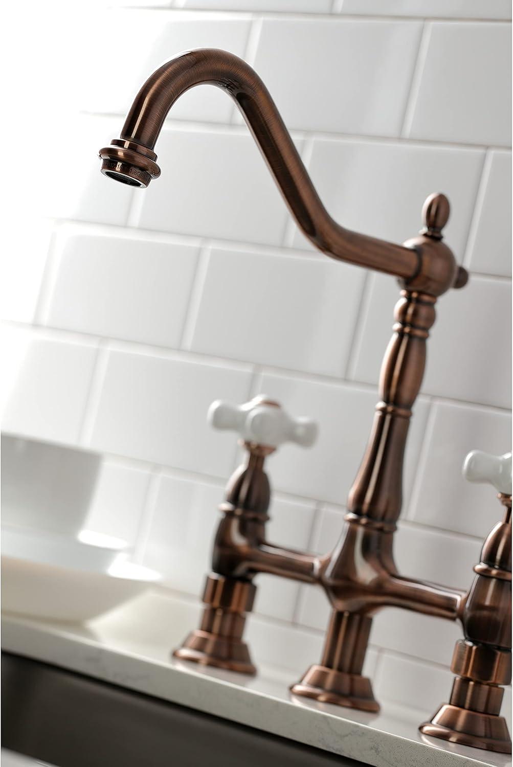 Kingston Brass Heritage Two-Handle 4-Hole Deck Mount Bridge Kitchen Faucet with Brass Side Sprayer