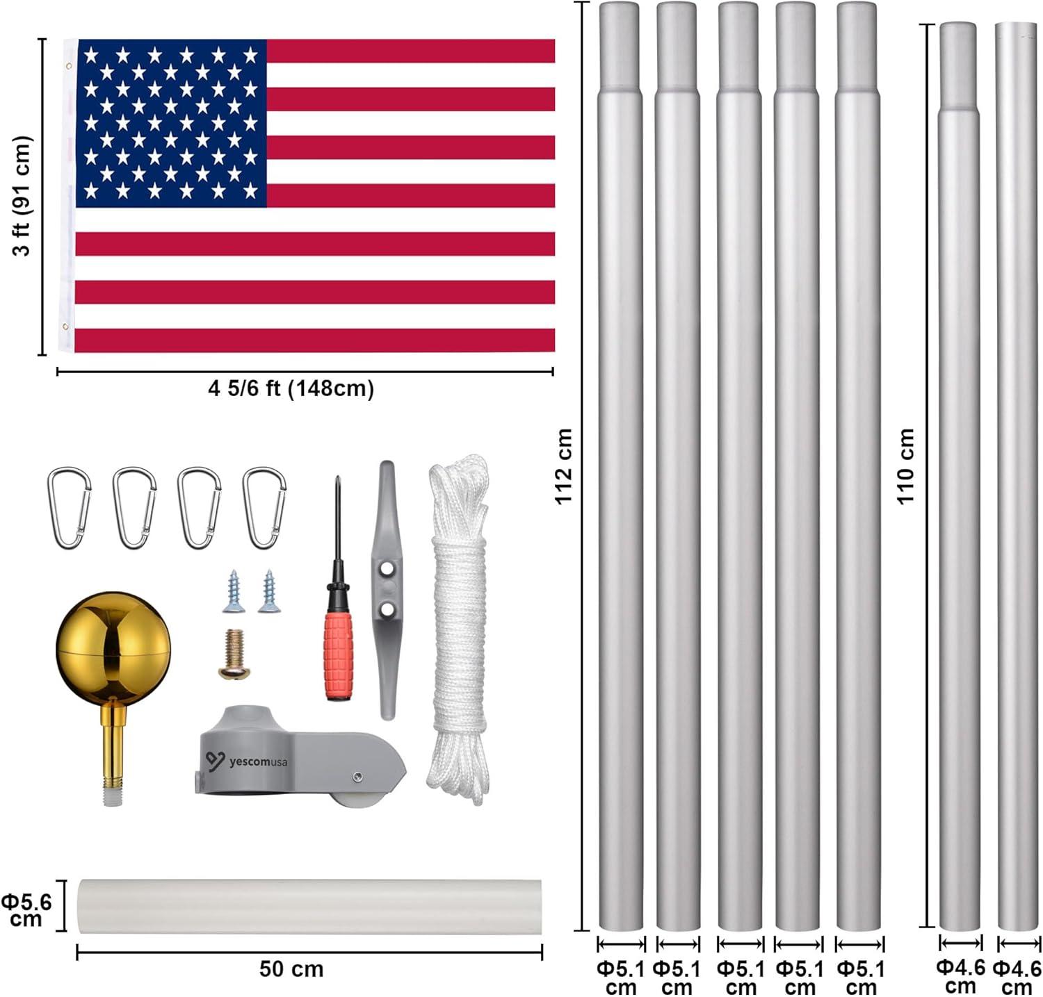 Yescom Bravery 25ft 13 Gauge Thicken Sectional Flag Pole Kit for Outside House with USA Flag Top Sliver Silver